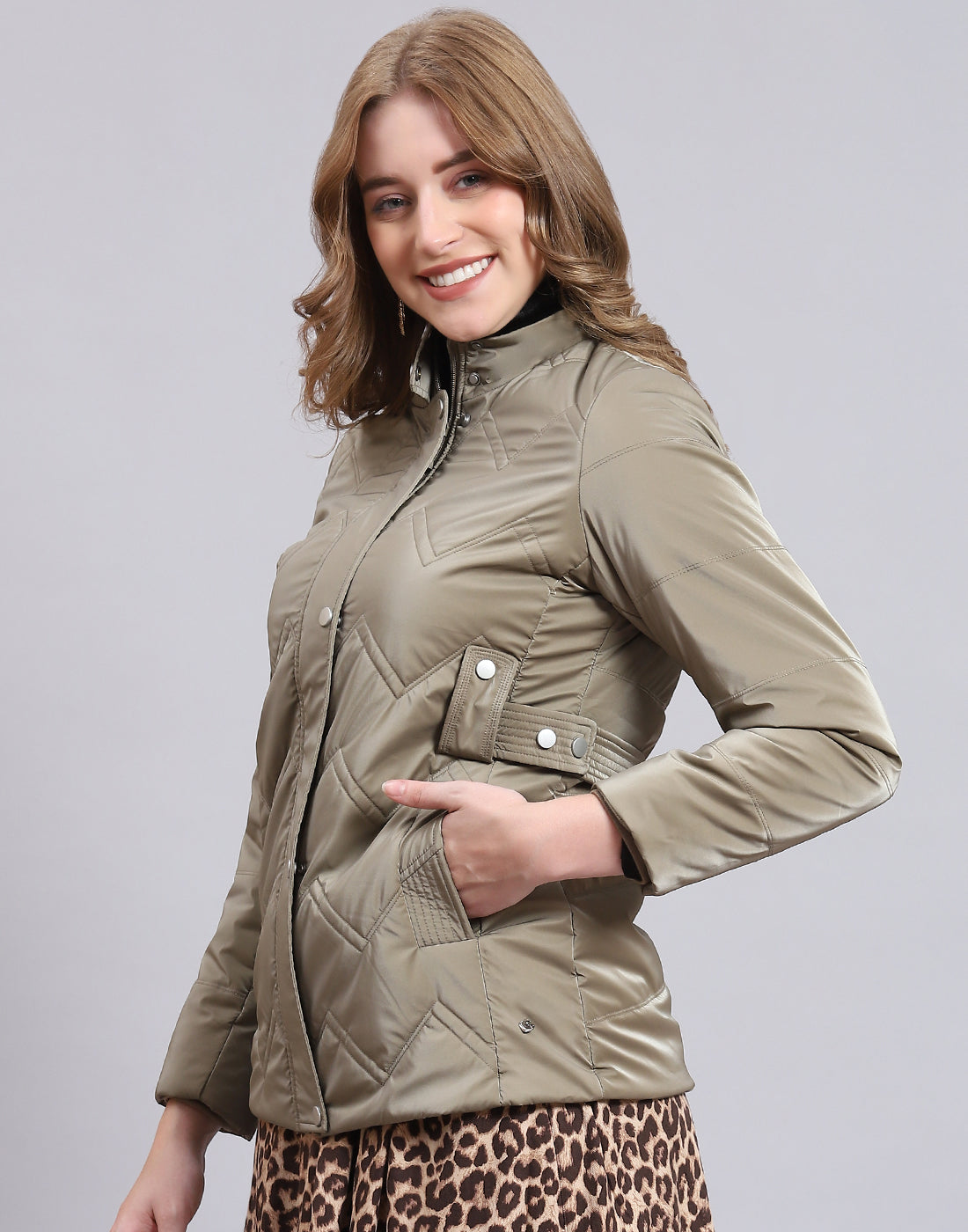 Women Khaki Solid Stand Collar Full Sleeve Jacket