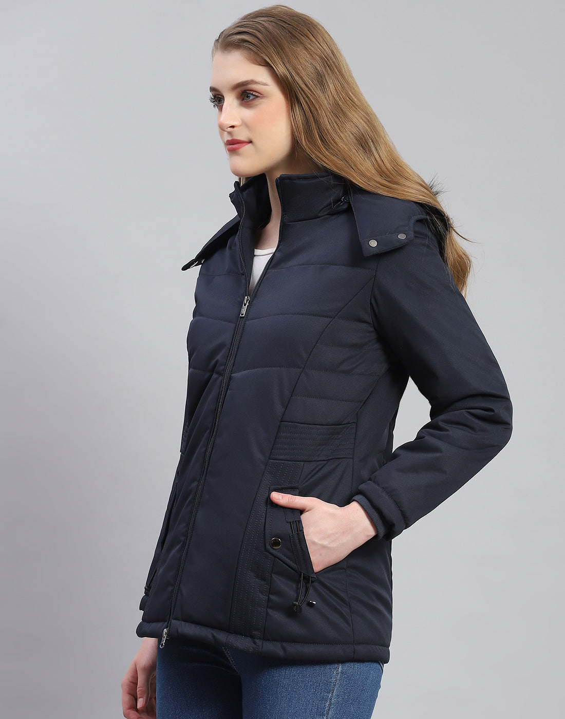 Women Navy Blue Solid Hooded Full Sleeve Jacket