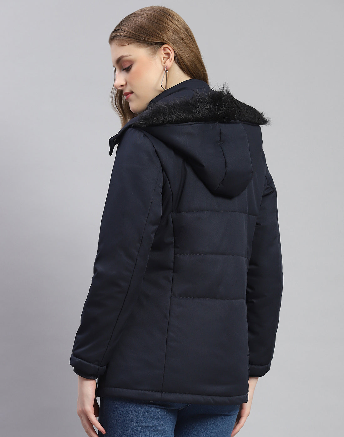 Women Navy Blue Solid Hooded Full Sleeve Jacket