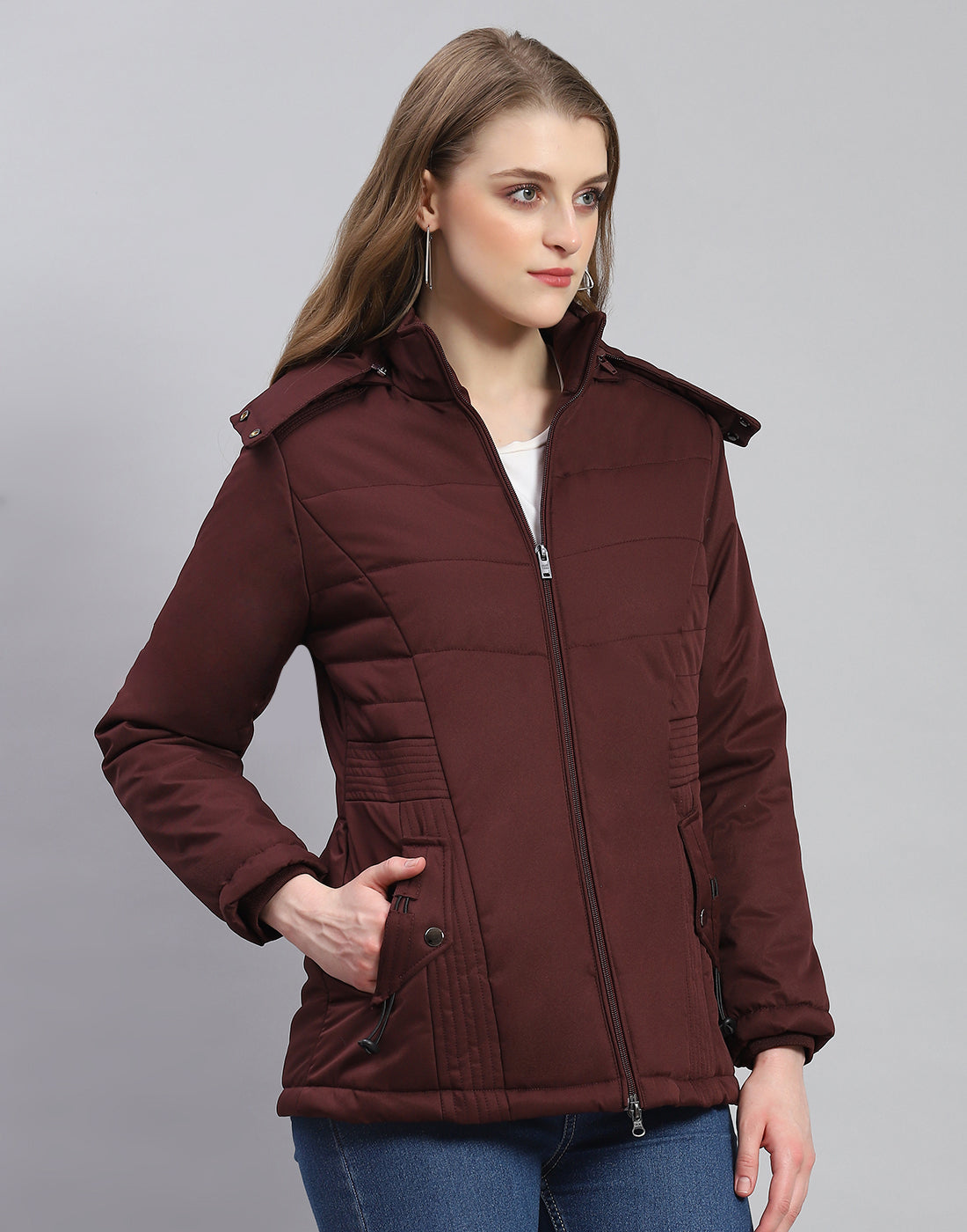 Women Maroon Solid Hooded Full Sleeve Jacket