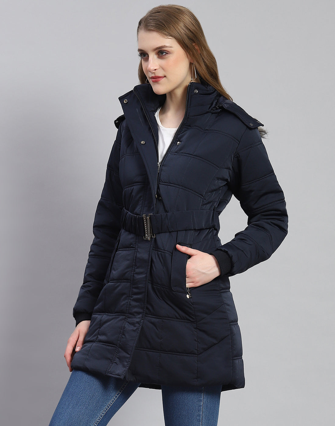 Women Navy Blue Solid Hooded Full Sleeve Jacket