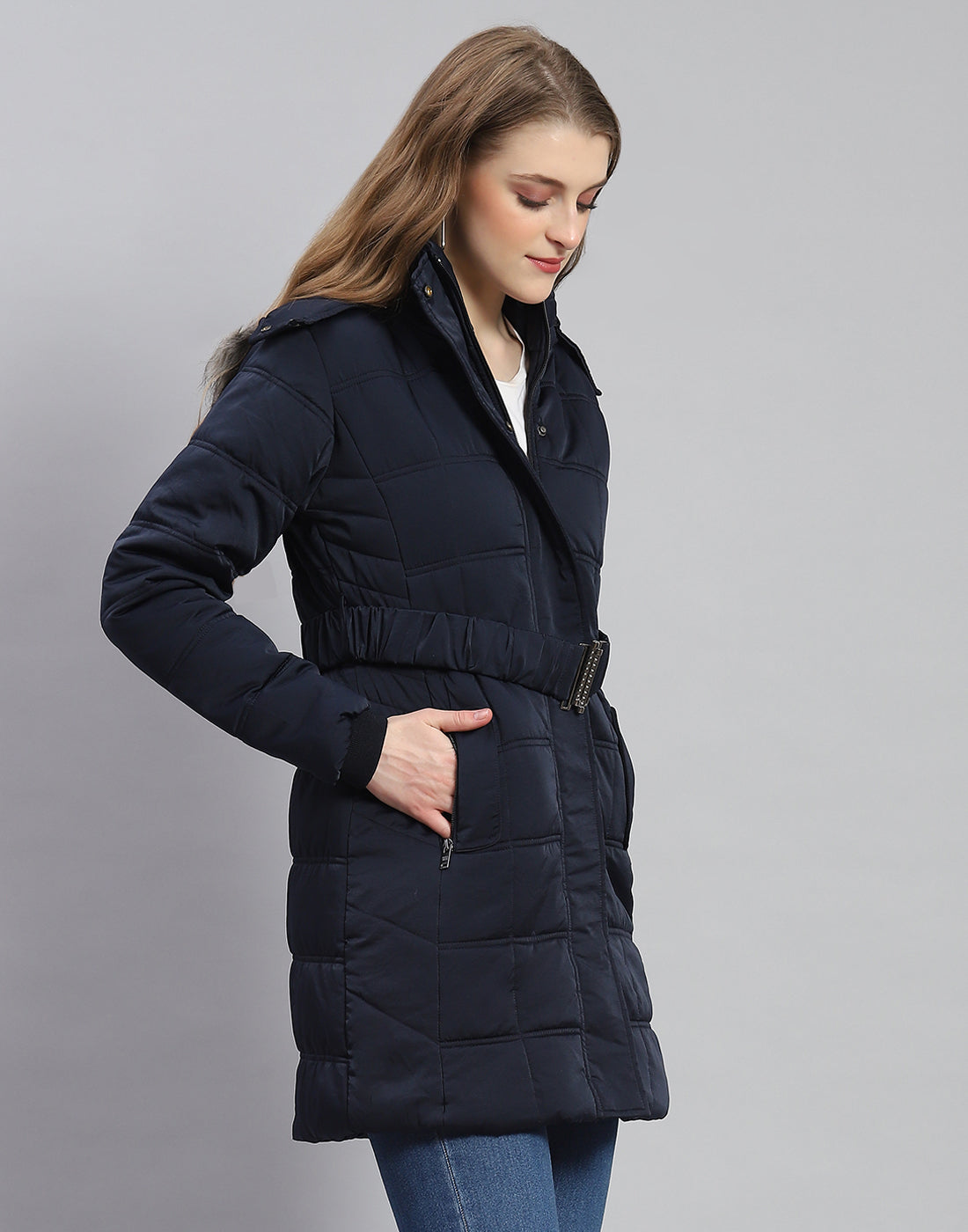 Women Navy Blue Solid Hooded Full Sleeve Jacket