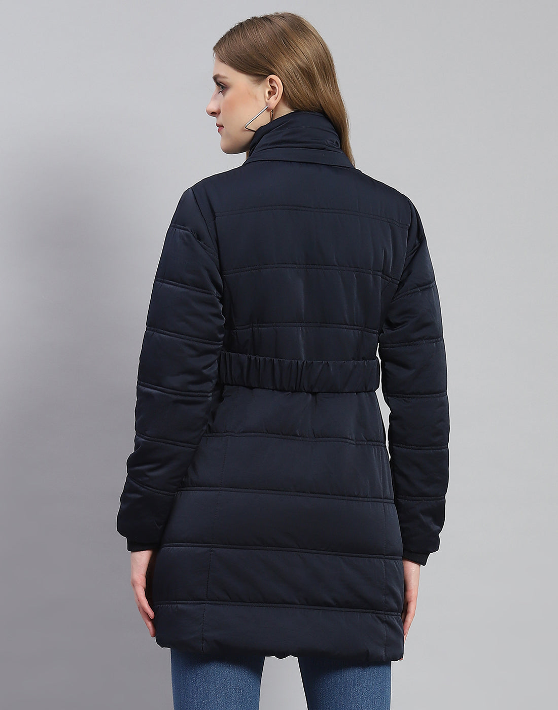 Women Navy Blue Solid Hooded Full Sleeve Jacket