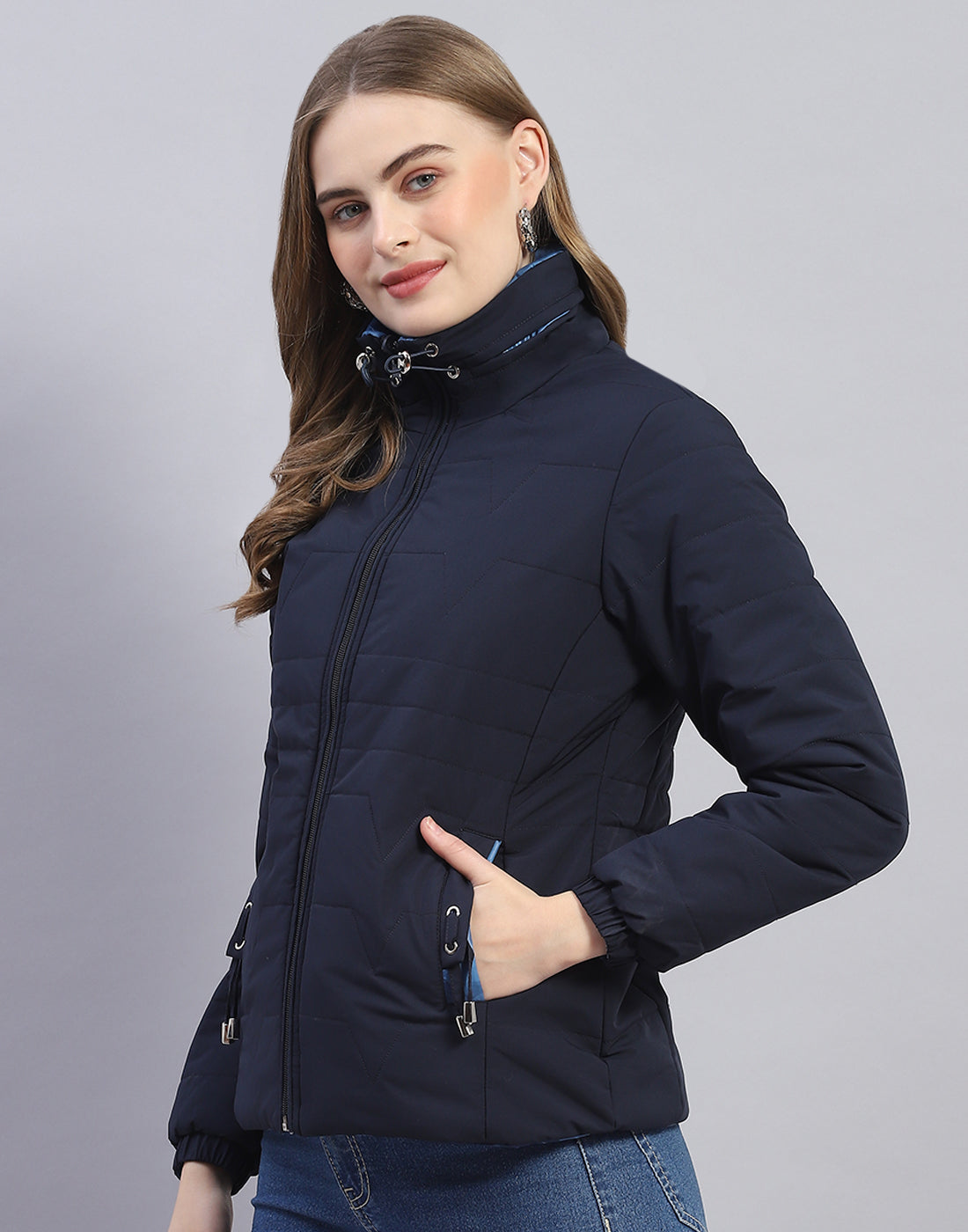 Women Navy Blue Solid Stand Collar Full Sleeve Jacket