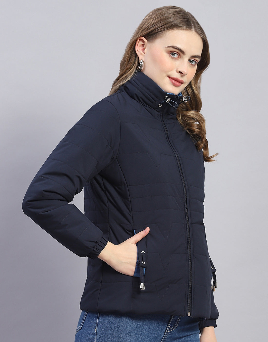 Women Navy Blue Solid Stand Collar Full Sleeve Jacket