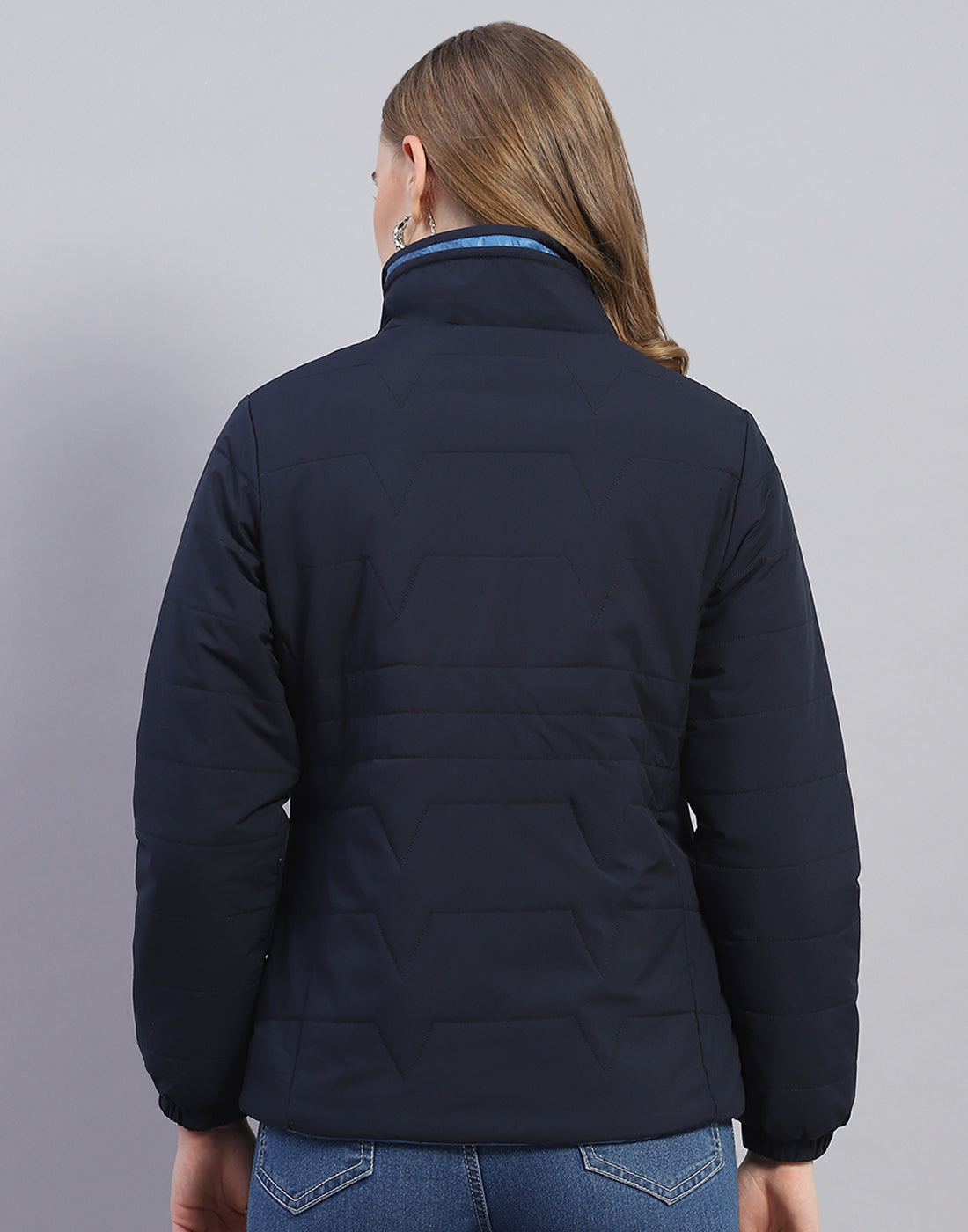 Women Navy Blue Solid Stand Collar Full Sleeve Jacket