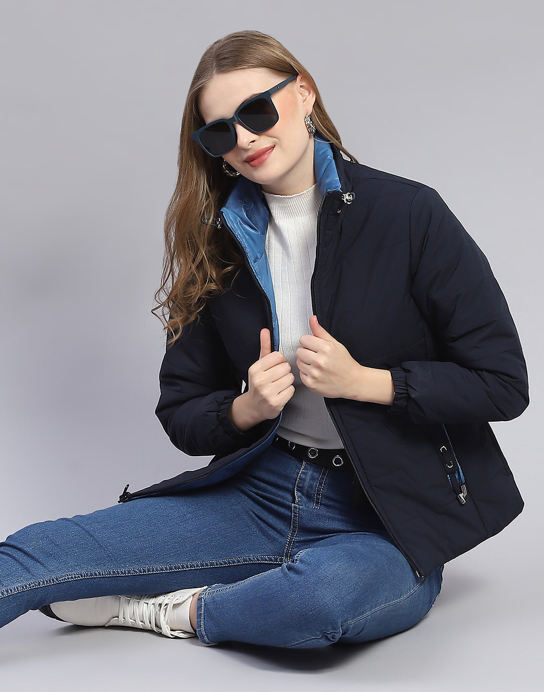 Women Navy Blue Solid Stand Collar Full Sleeve Jacket