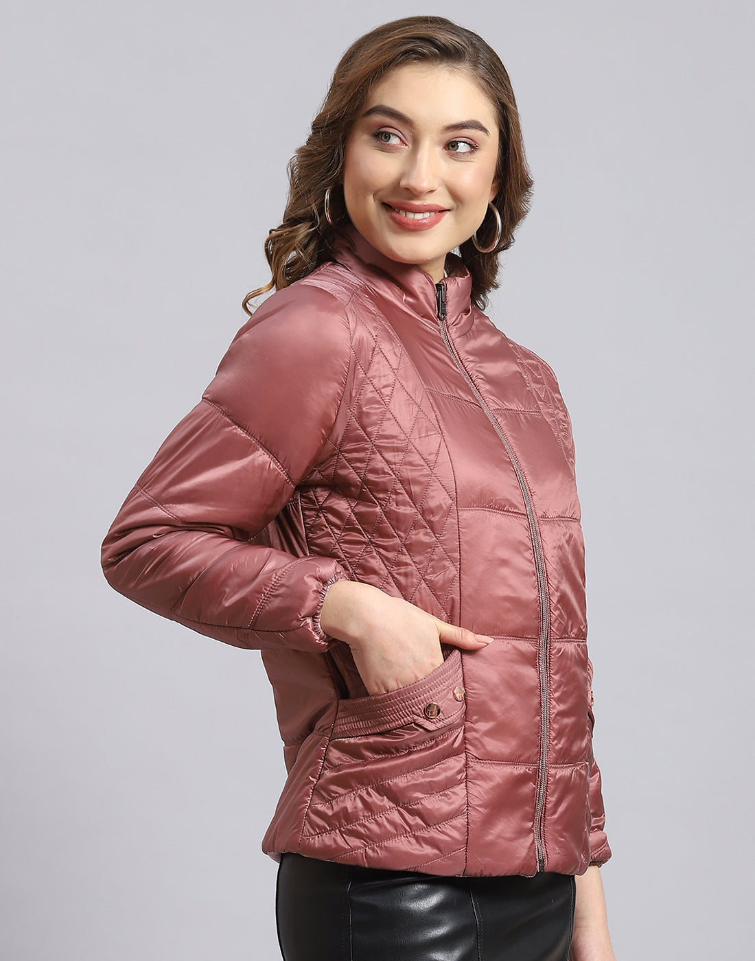 Women Peach Solid Stand Collar Full Sleeve Jacket