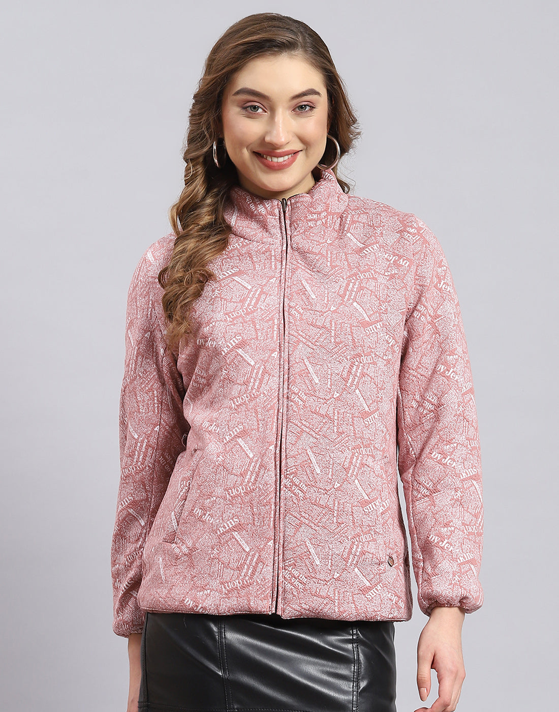 Women Peach Solid Stand Collar Full Sleeve Jacket