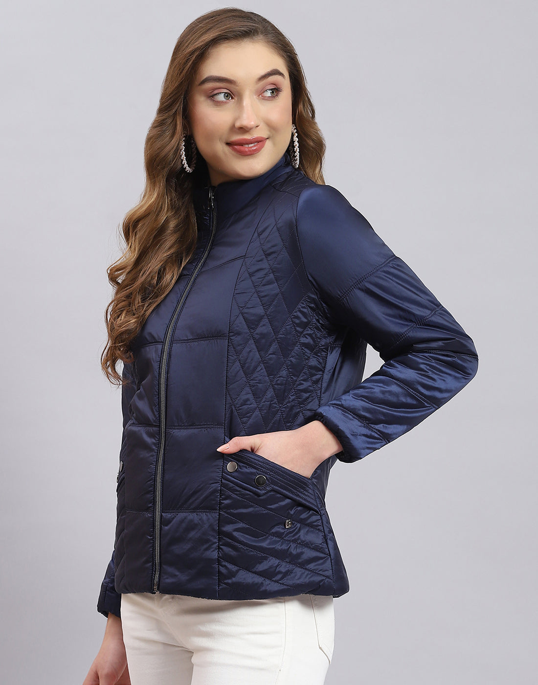 Women Navy Blue Solid Stand Collar Full Sleeve Jacket