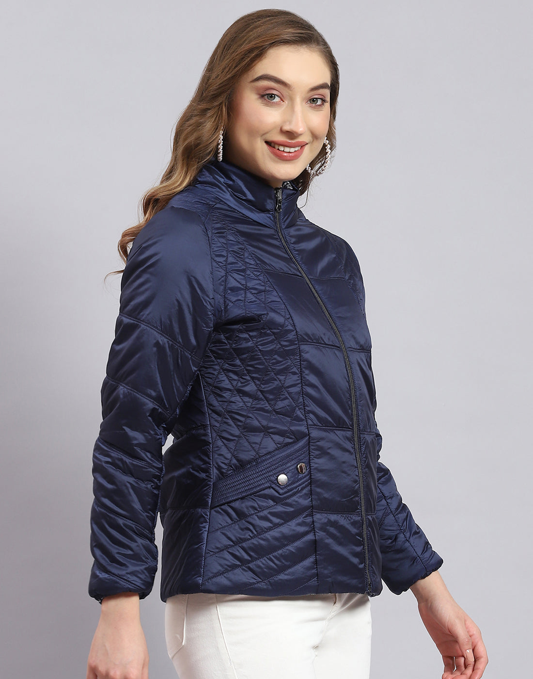 Women Navy Blue Solid Stand Collar Full Sleeve Jacket