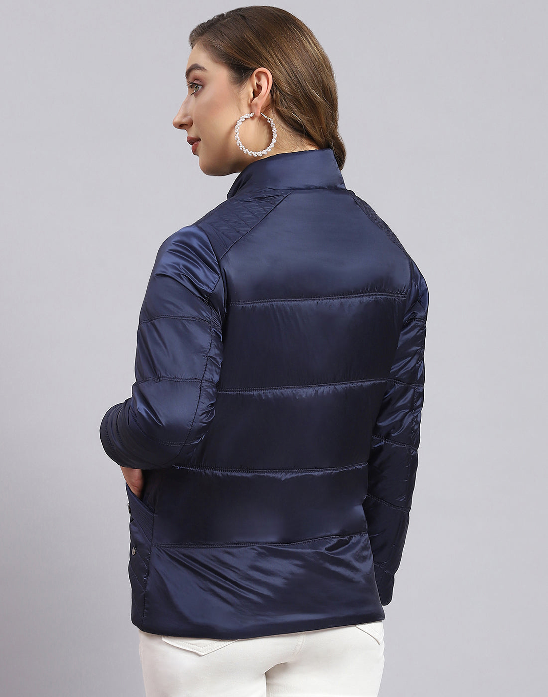 Women Navy Blue Solid Stand Collar Full Sleeve Jacket