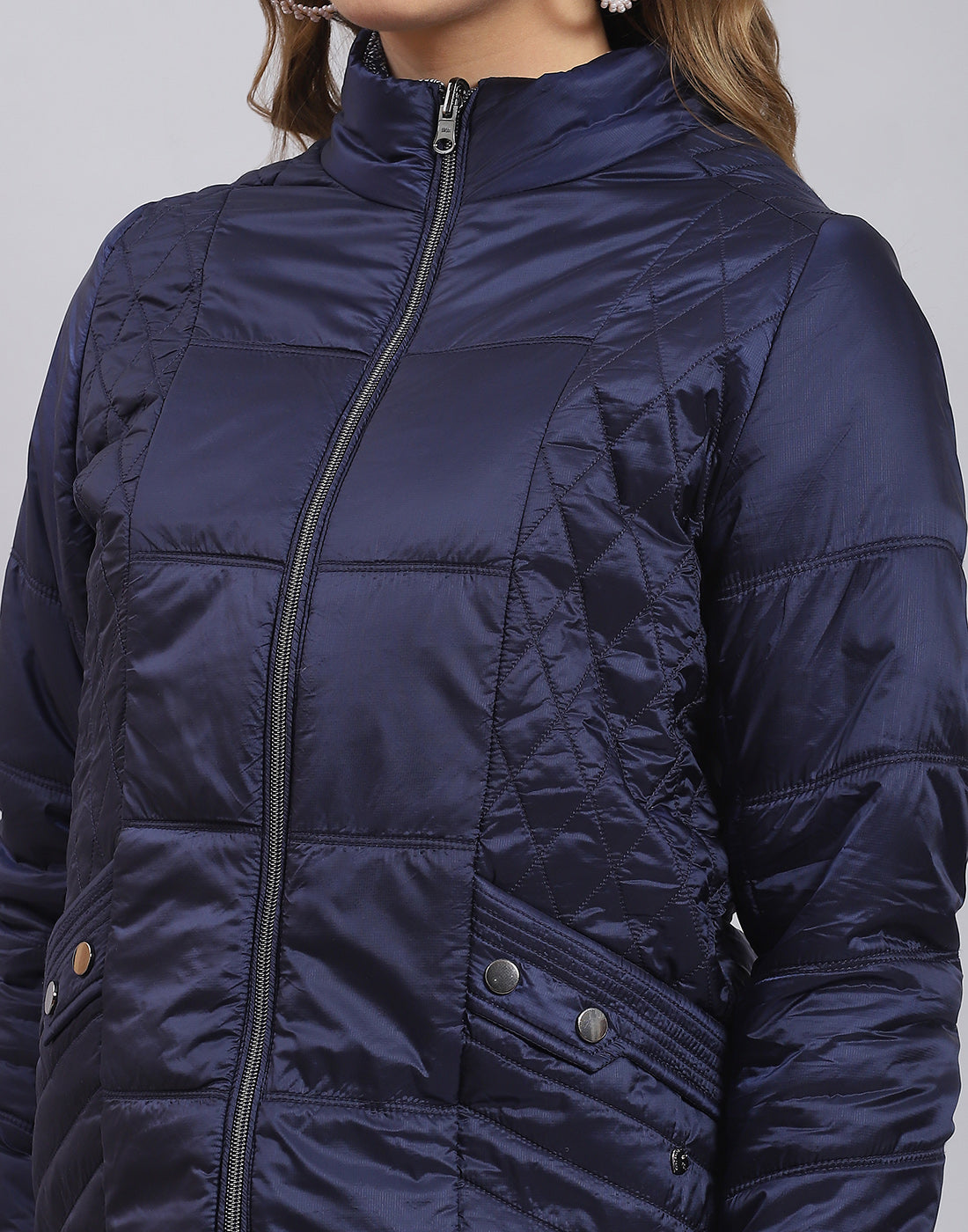 Women Navy Blue Solid Stand Collar Full Sleeve Jacket