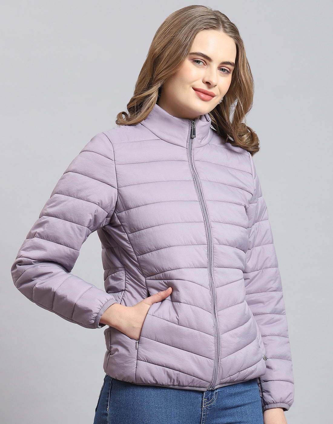 Women Purple Solid Stand Collar Full Sleeve Jacket