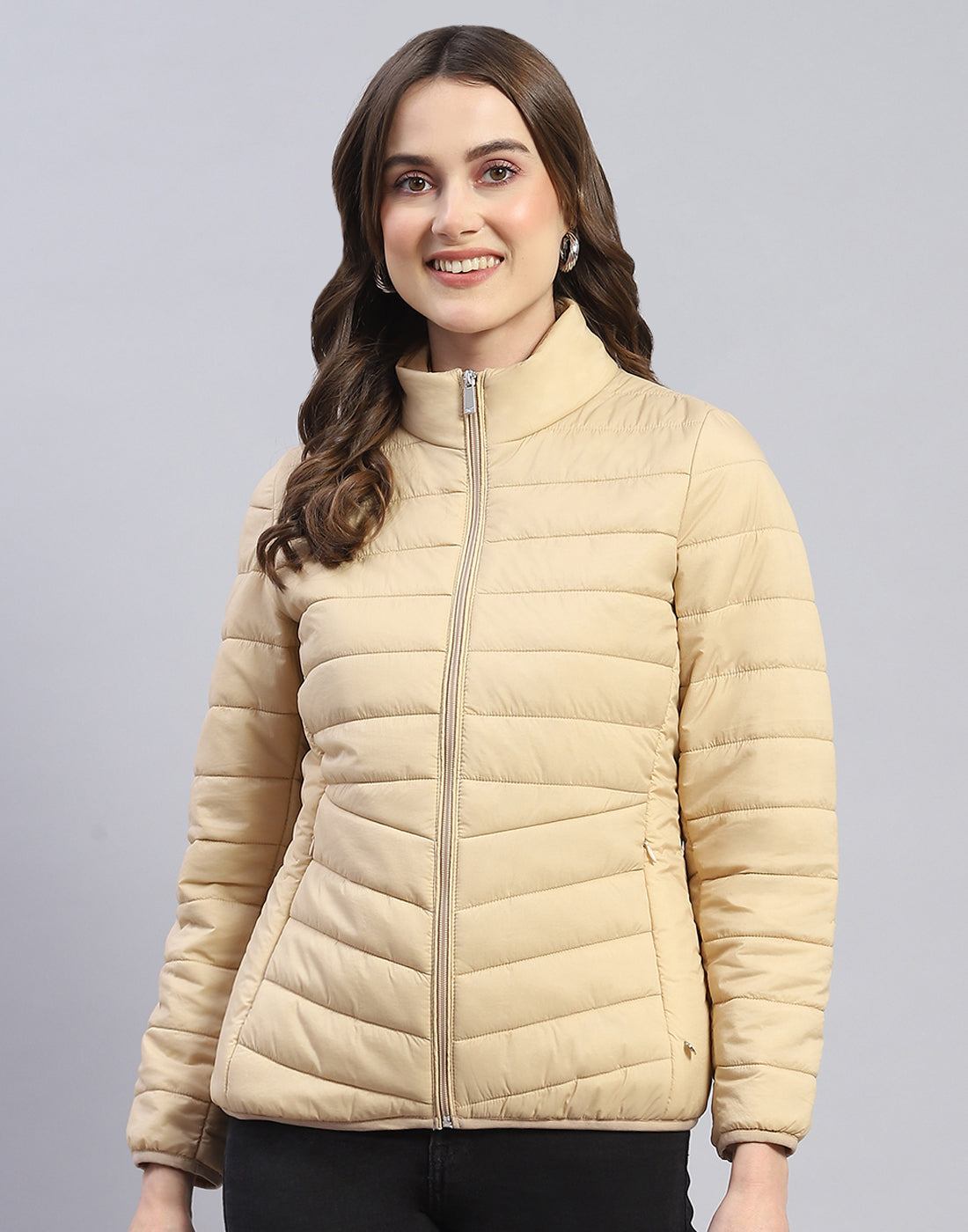 Women Beige Solid Stand Collar Full Sleeve Jacket