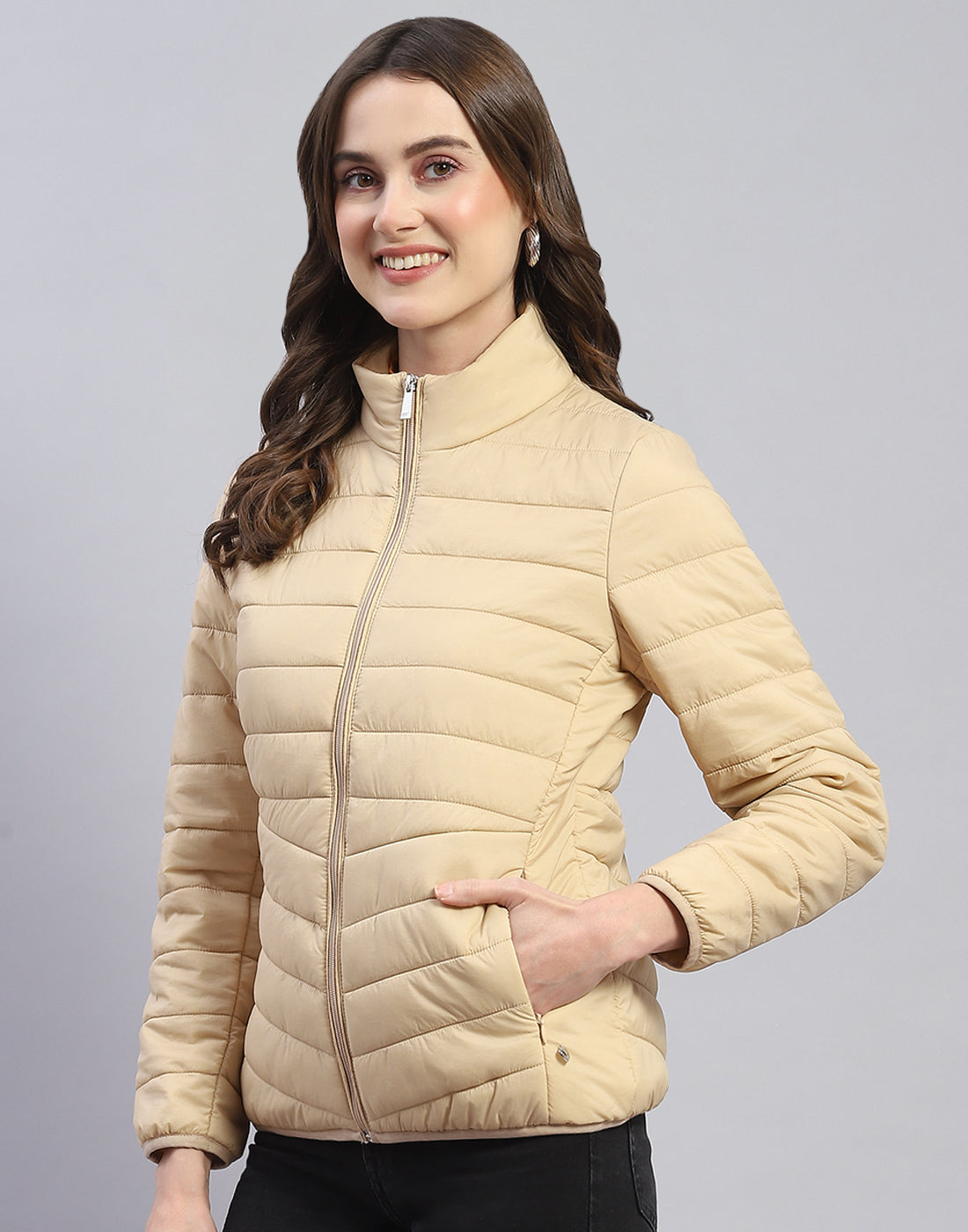 Women Beige Solid Stand Collar Full Sleeve Jacket