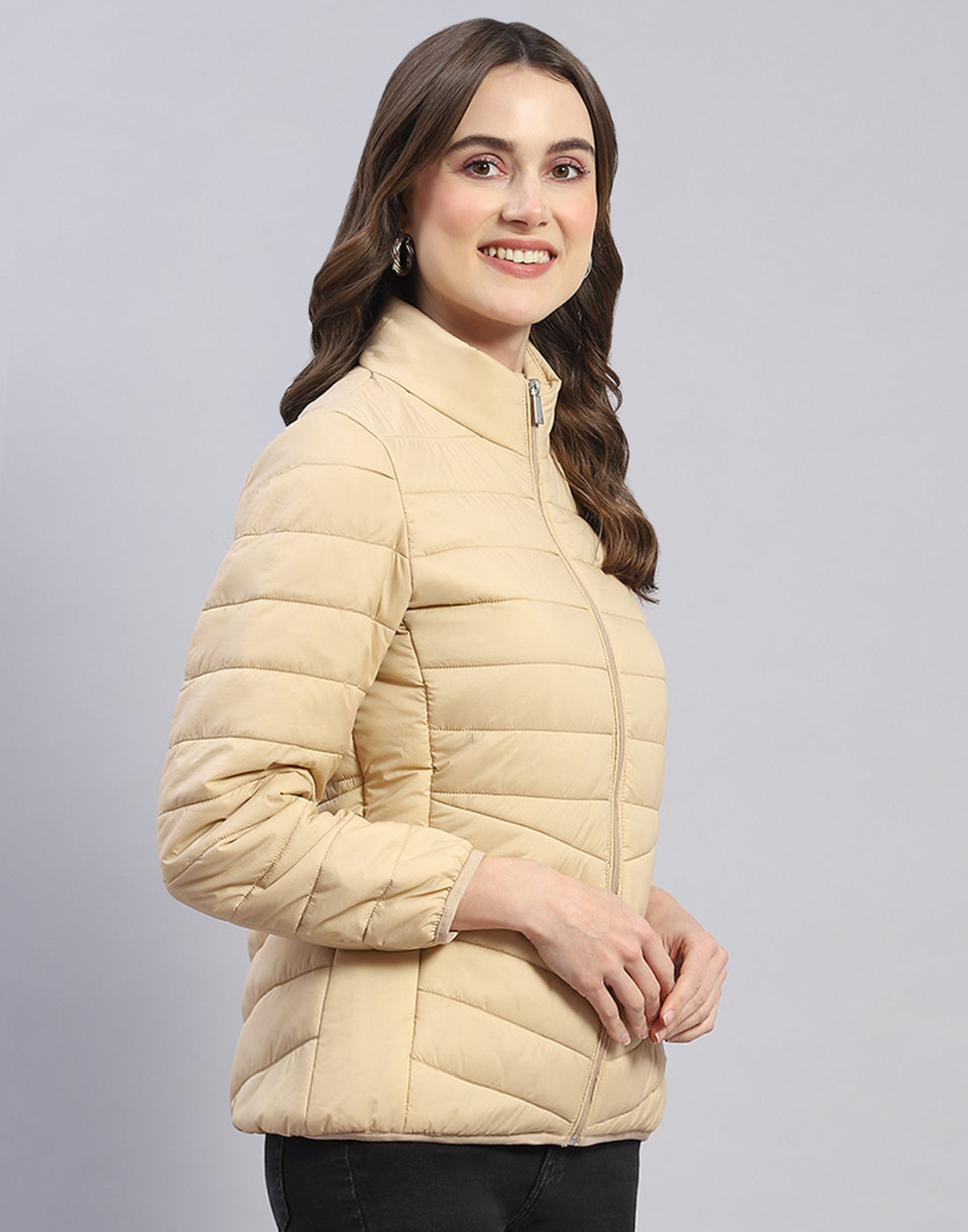 Women Beige Solid Stand Collar Full Sleeve Jacket