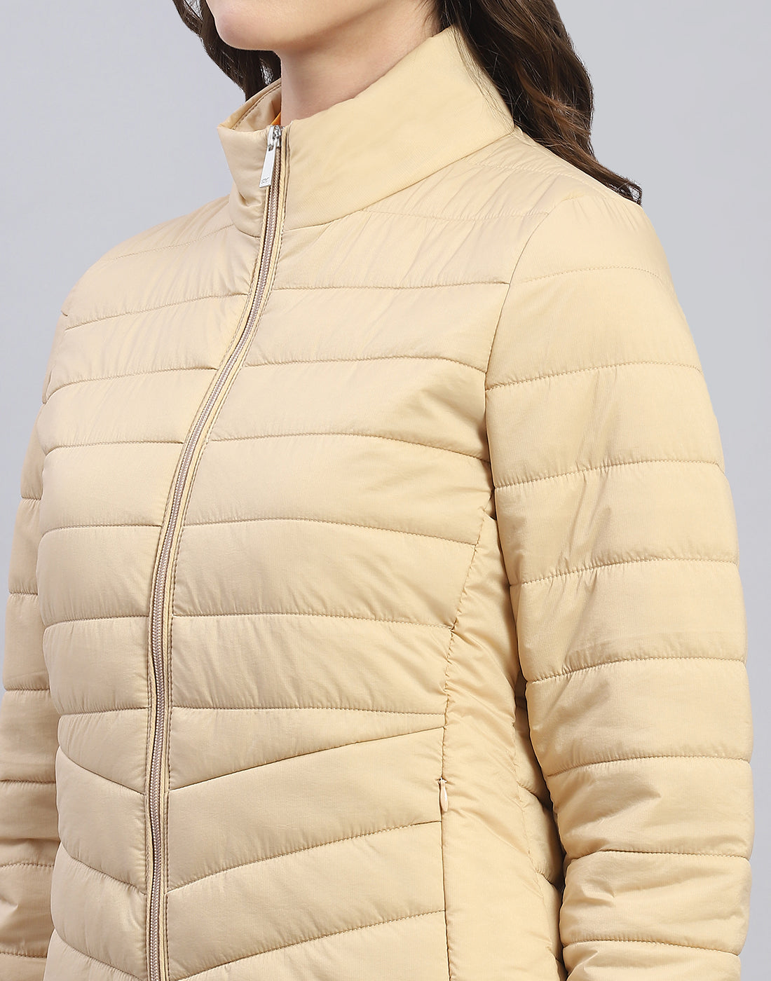 Women Beige Solid Stand Collar Full Sleeve Jacket