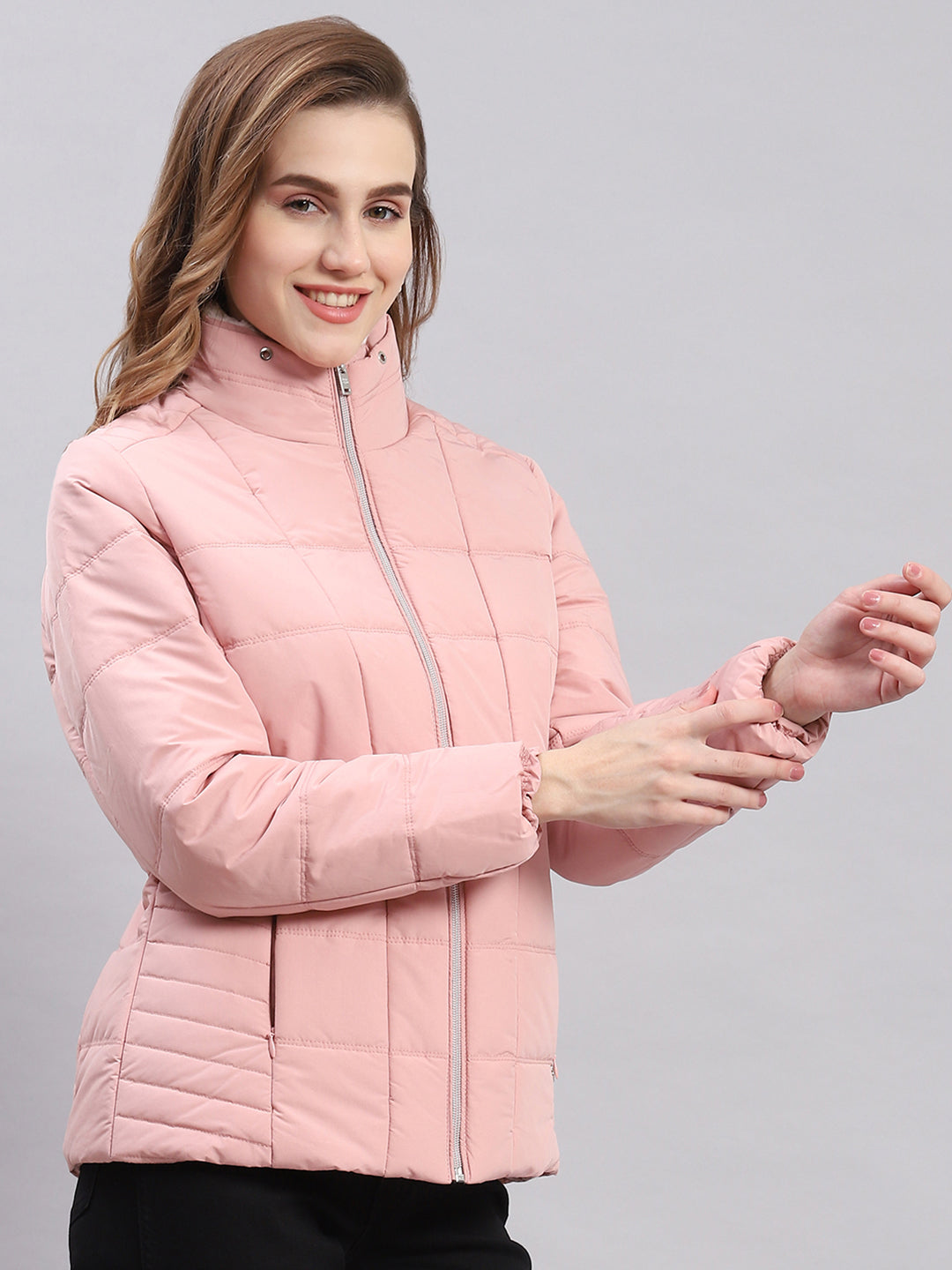 Women Peach Solid Stand Collar Full Sleeve Jackets