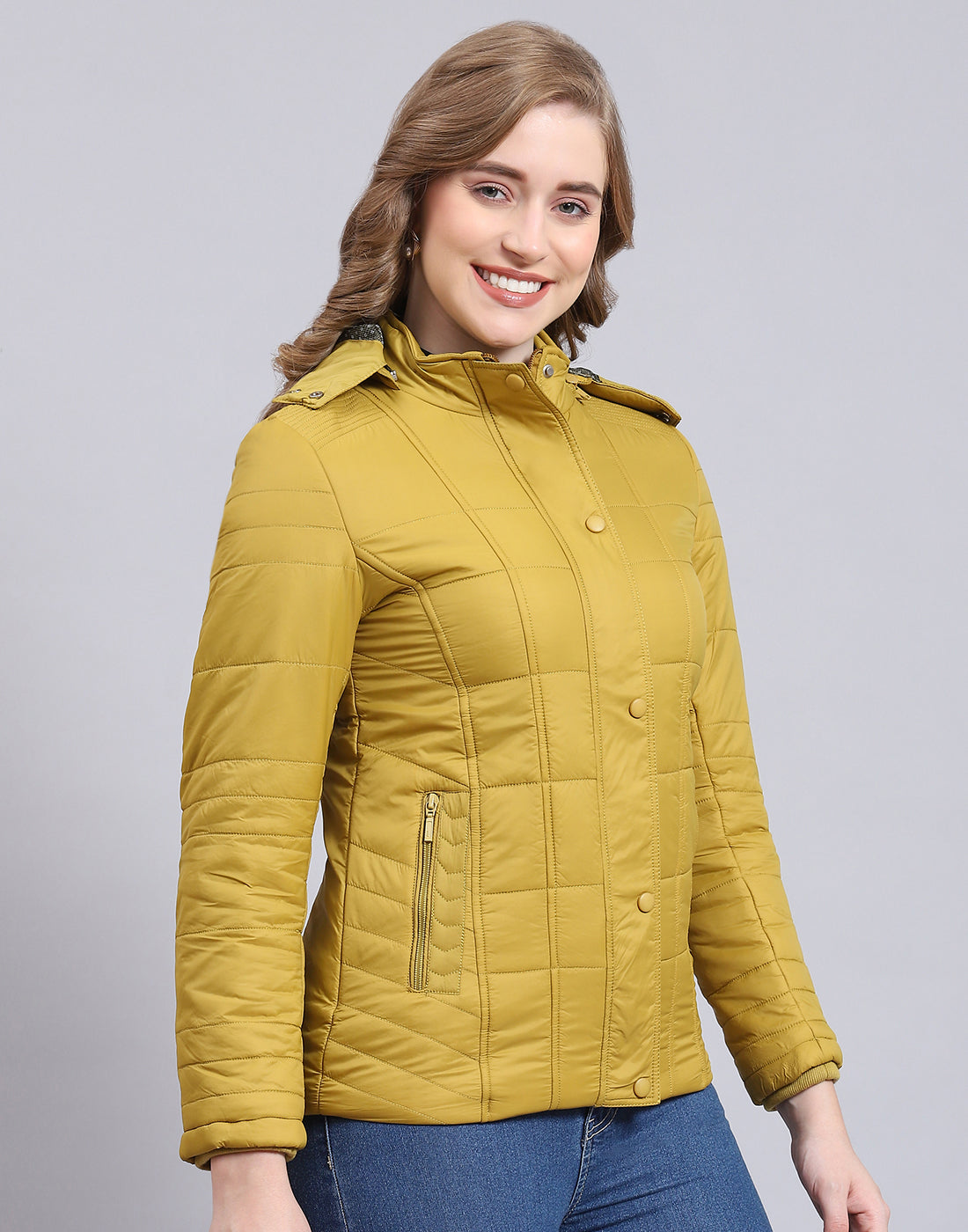 Women Mustard Solid Hooded Full Sleeve Jacket