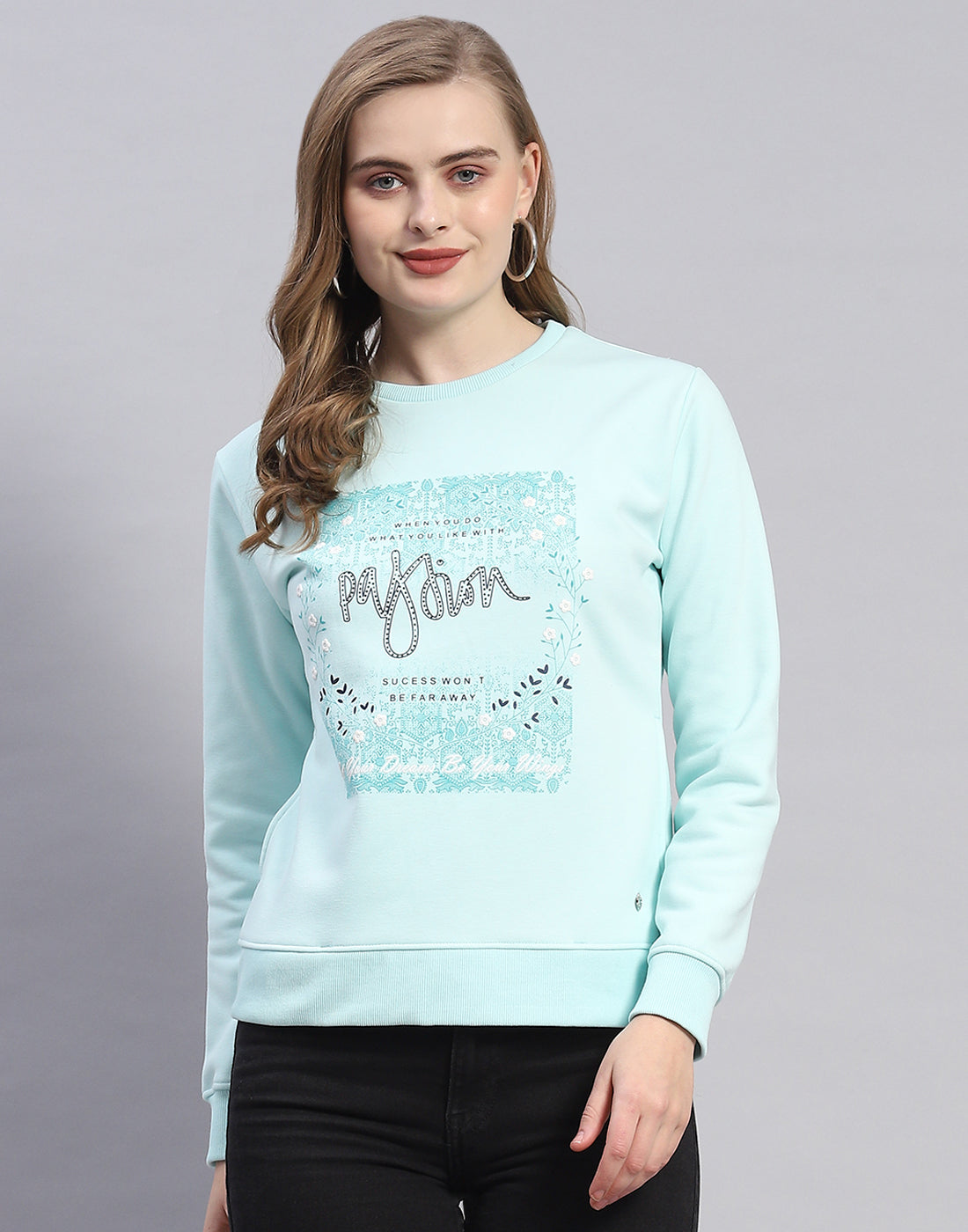 Women Blue Printed Round Neck Full Sleeve Sweatshirt