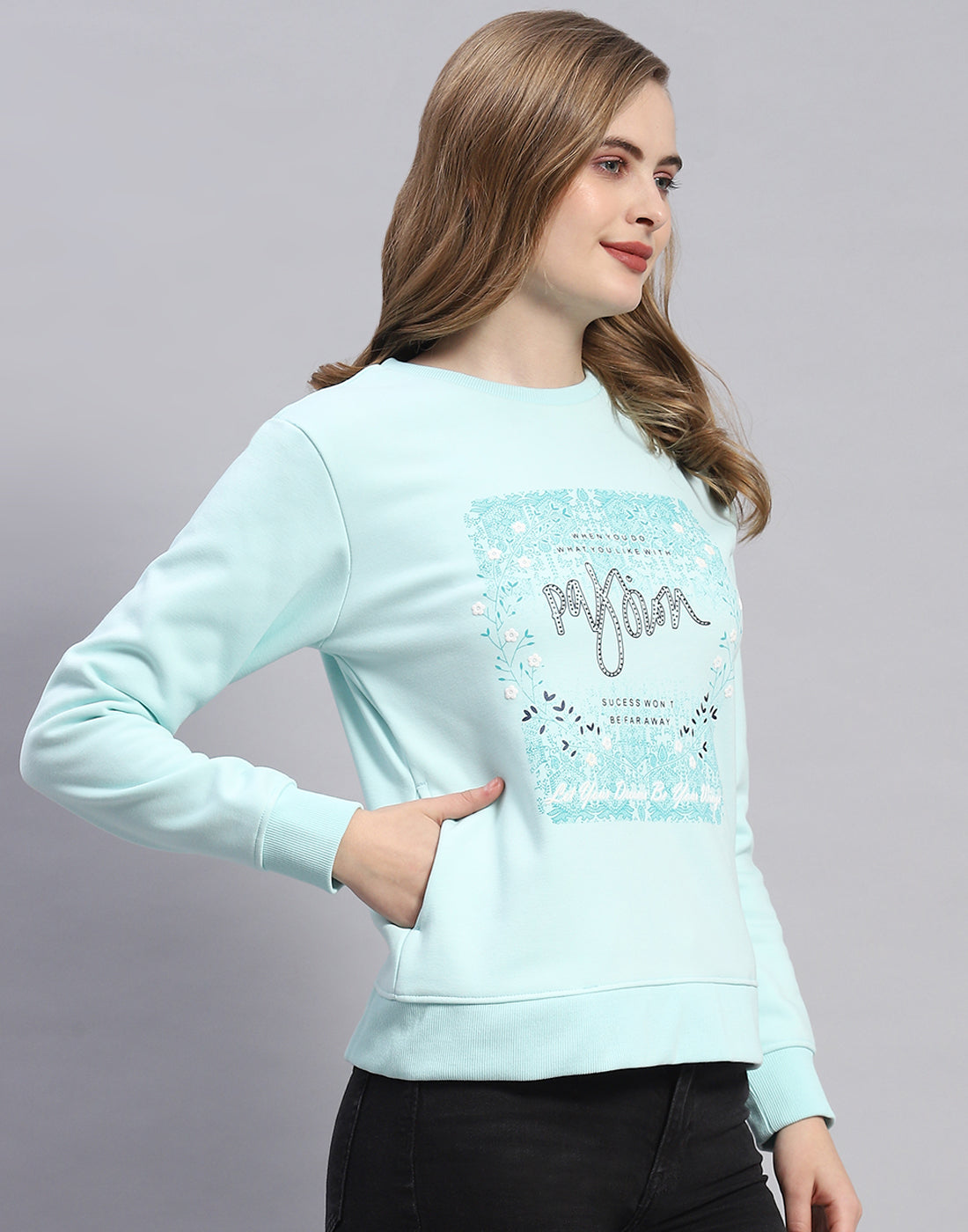 Women Blue Printed Round Neck Full Sleeve Sweatshirt