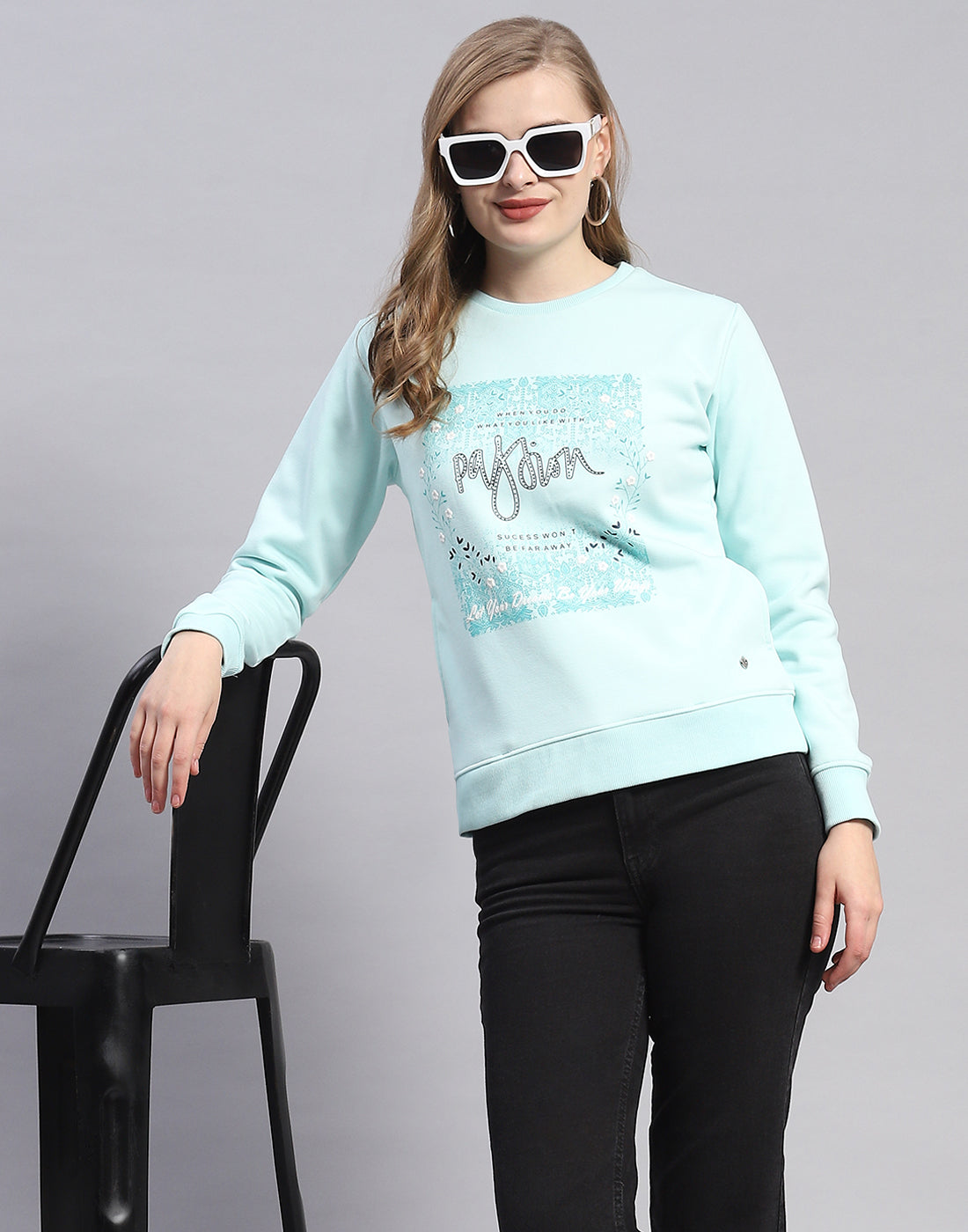 Women Blue Printed Round Neck Full Sleeve Sweatshirt