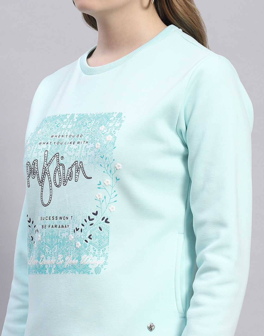 Women Blue Printed Round Neck Full Sleeve Sweatshirt