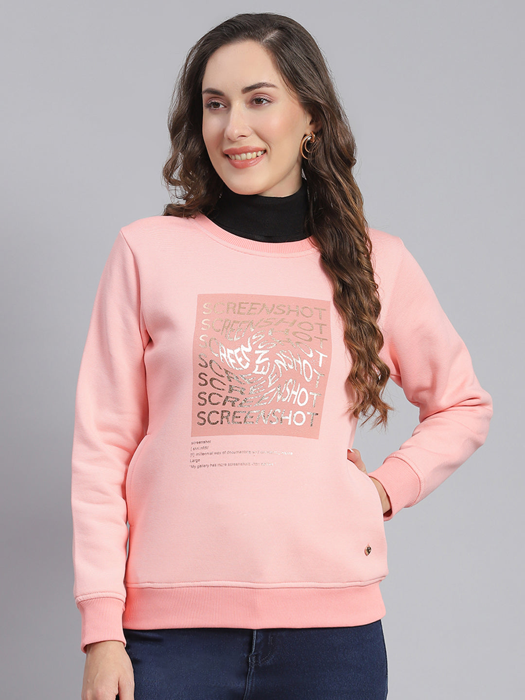 Women Pink Printed Round Neck Full Sleeve Sweatshirts