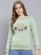 Women Green Printed Round Neck Full Sleeve Sweatshirts