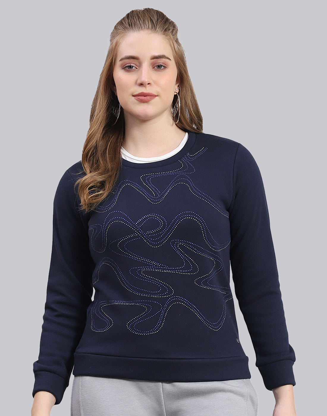 Buy Women Navy Blue Printed Round Neck Full Sleeve Sweatshirt