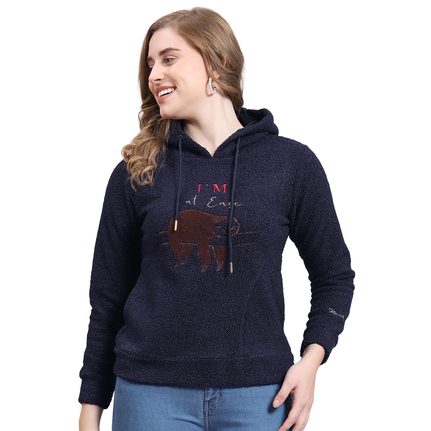 Women Navy Blue Embroidered Hooded Full Sleeve Sweatshirt