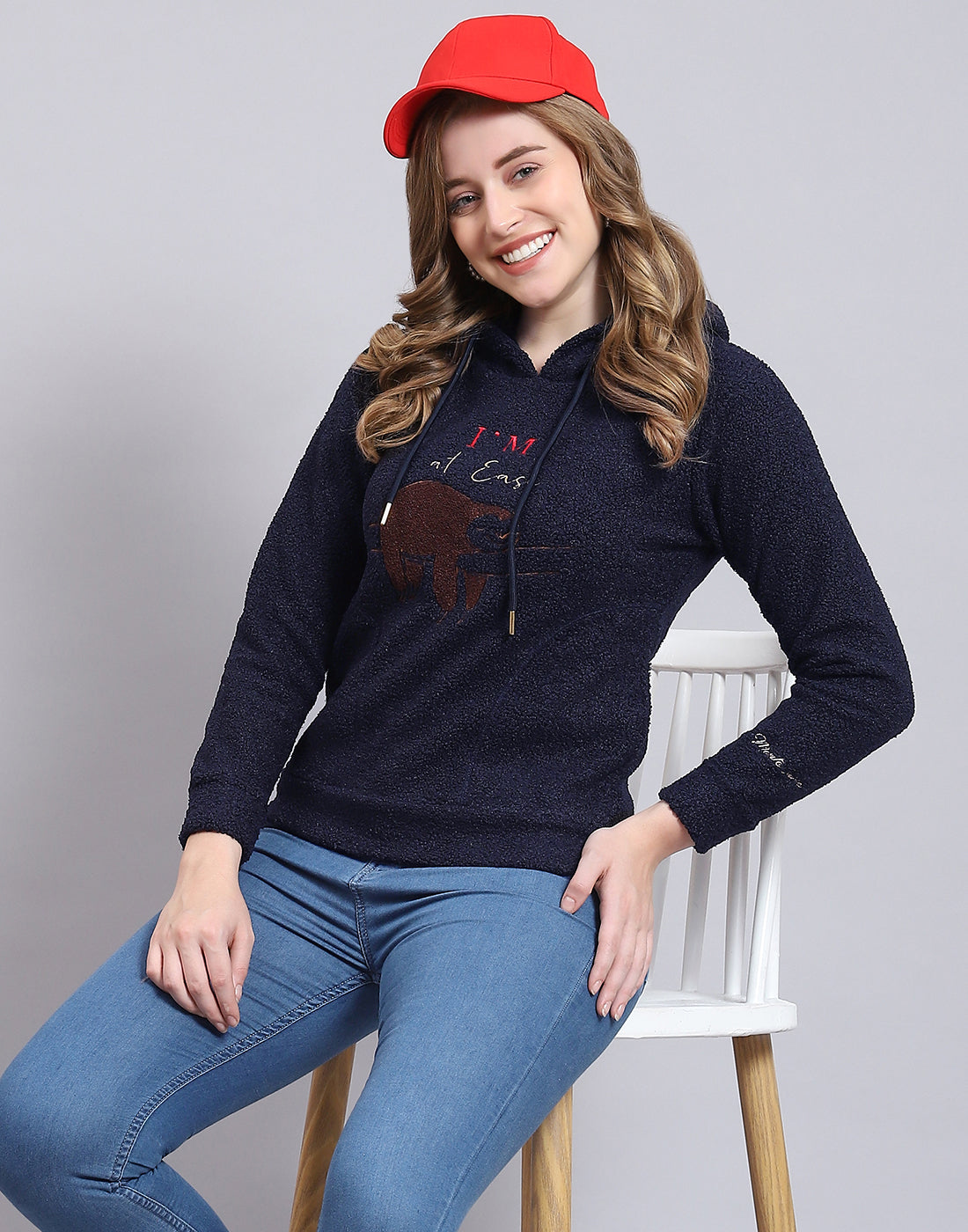 Women Navy Blue Embroidered Hooded Full Sleeve Sweatshirt