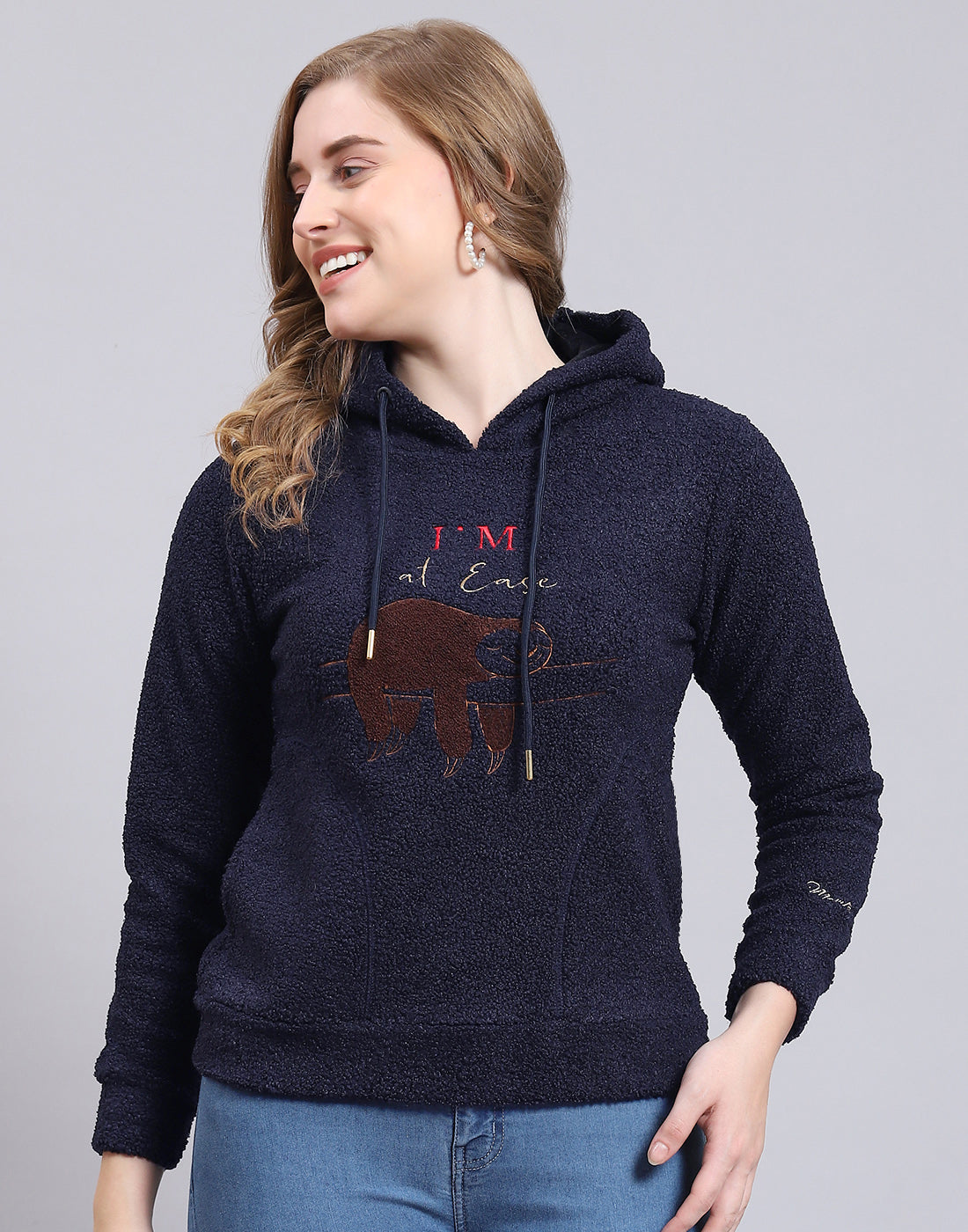 Women Navy Blue Embroidered Hooded Full Sleeve Sweatshirt