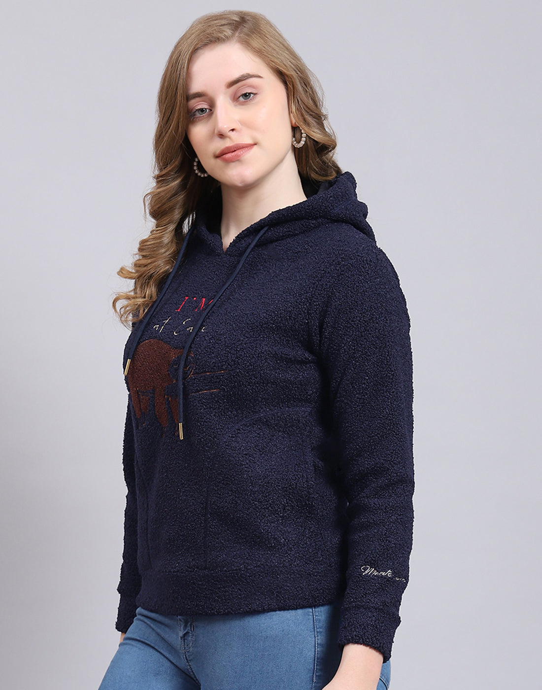 Women Navy Blue Embroidered Hooded Full Sleeve Sweatshirt