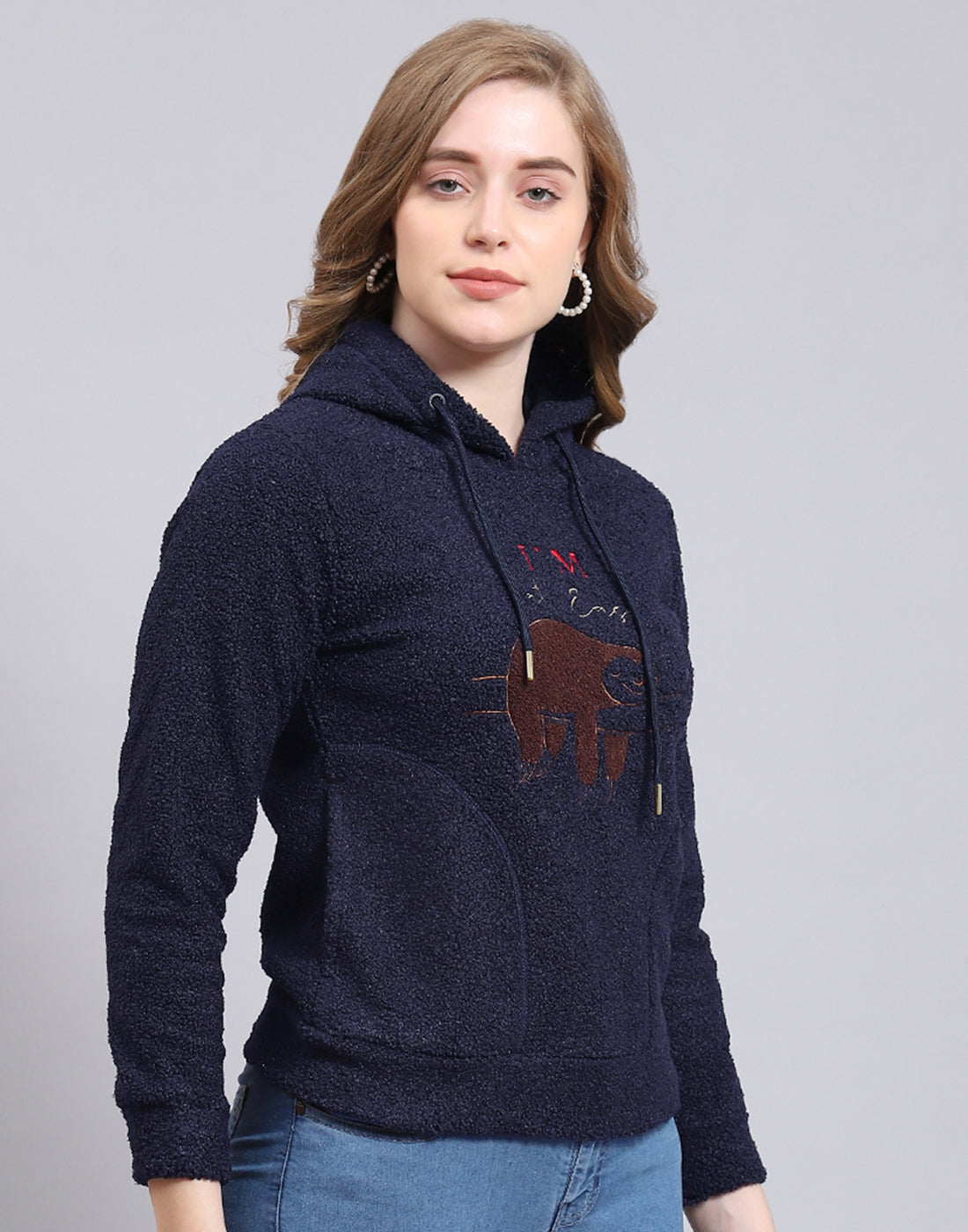 Women Navy Blue Embroidered Hooded Full Sleeve Sweatshirt