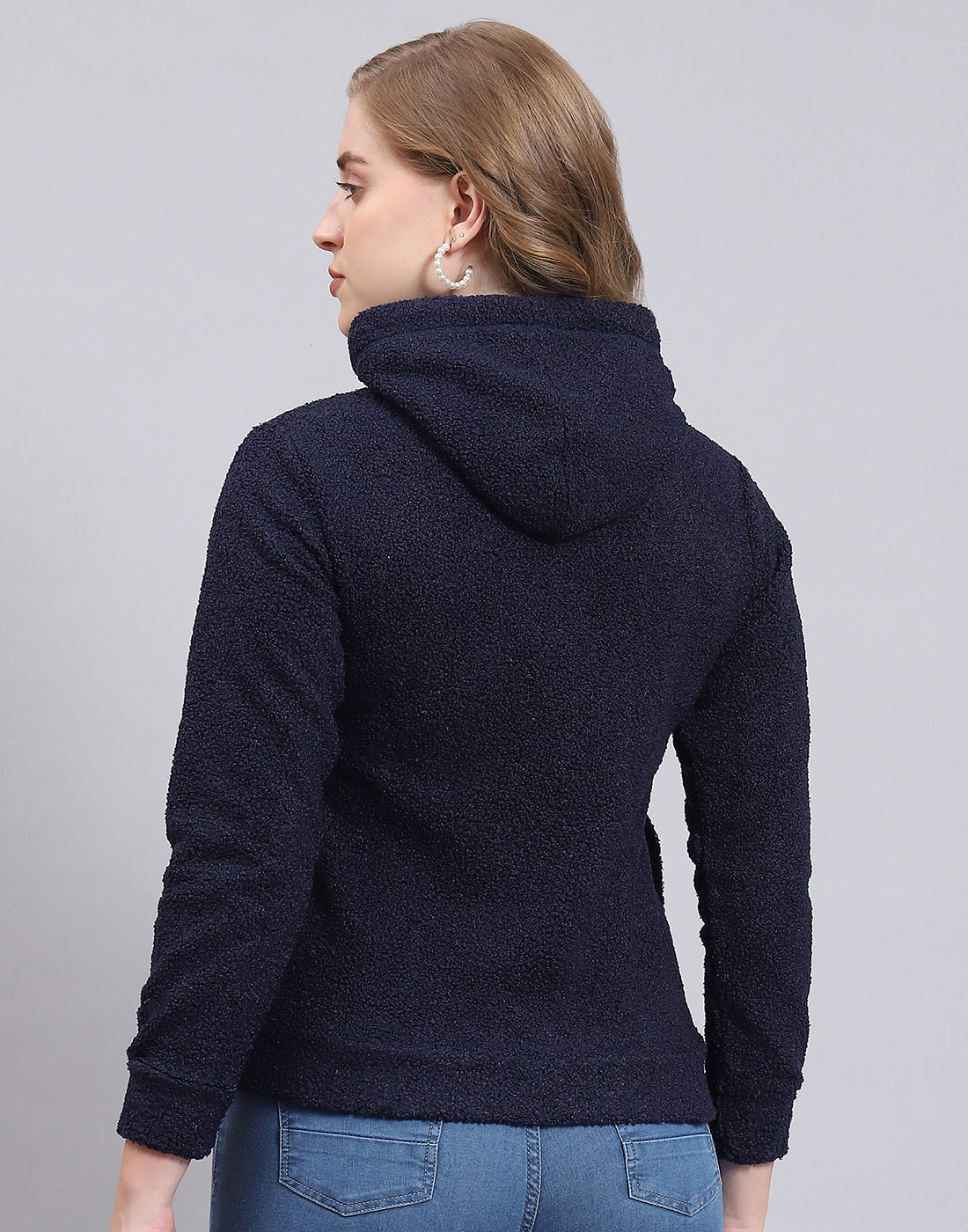 Women Navy Blue Embroidered Hooded Full Sleeve Sweatshirt