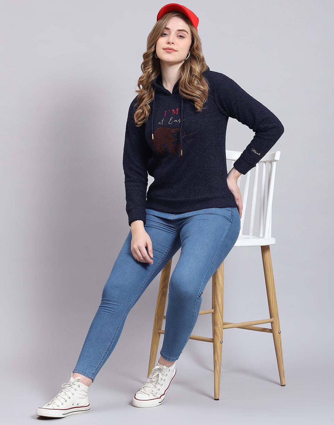 Women Navy Blue Embroidered Hooded Full Sleeve Sweatshirt