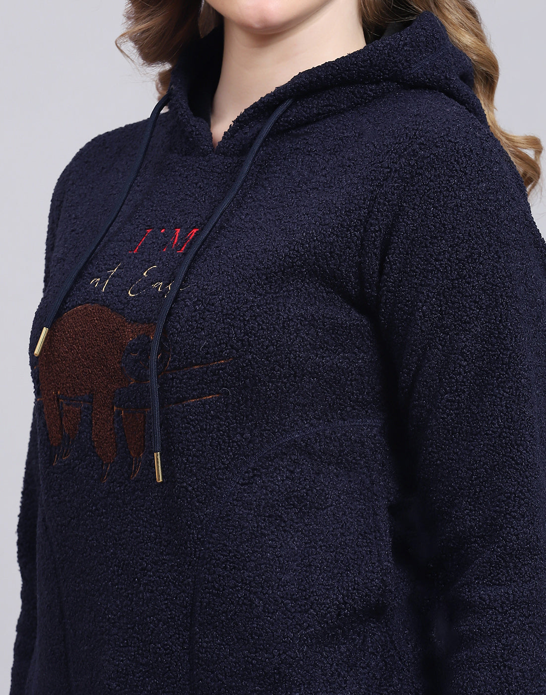 Women Navy Blue Embroidered Hooded Full Sleeve Sweatshirt