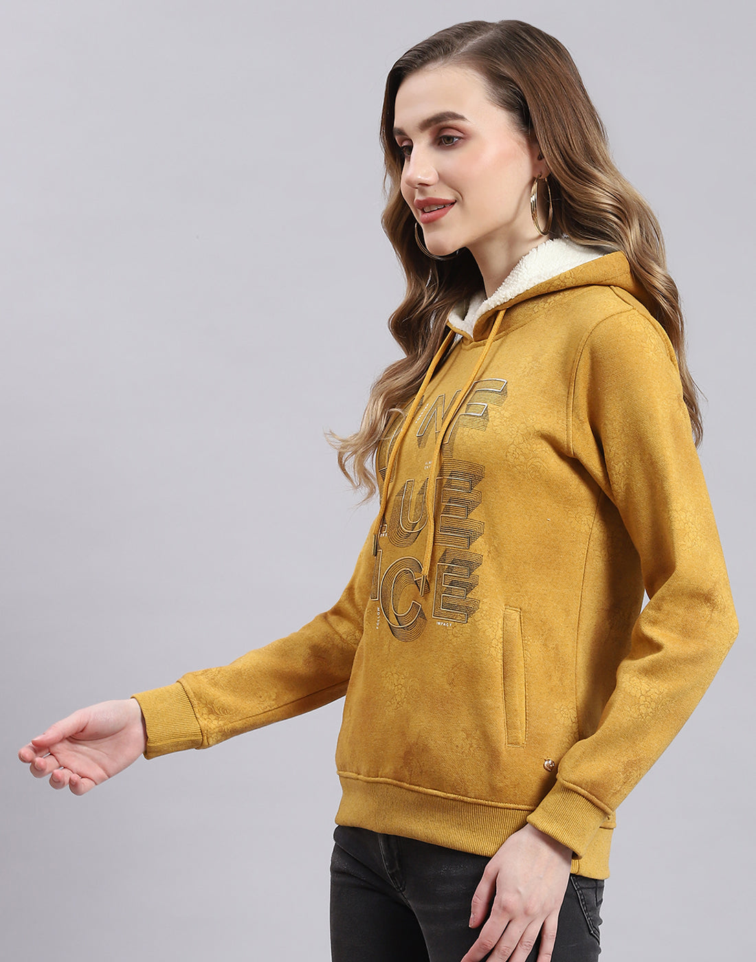 Women Mustard Printed Hooded Full Sleeve Sweatshirt