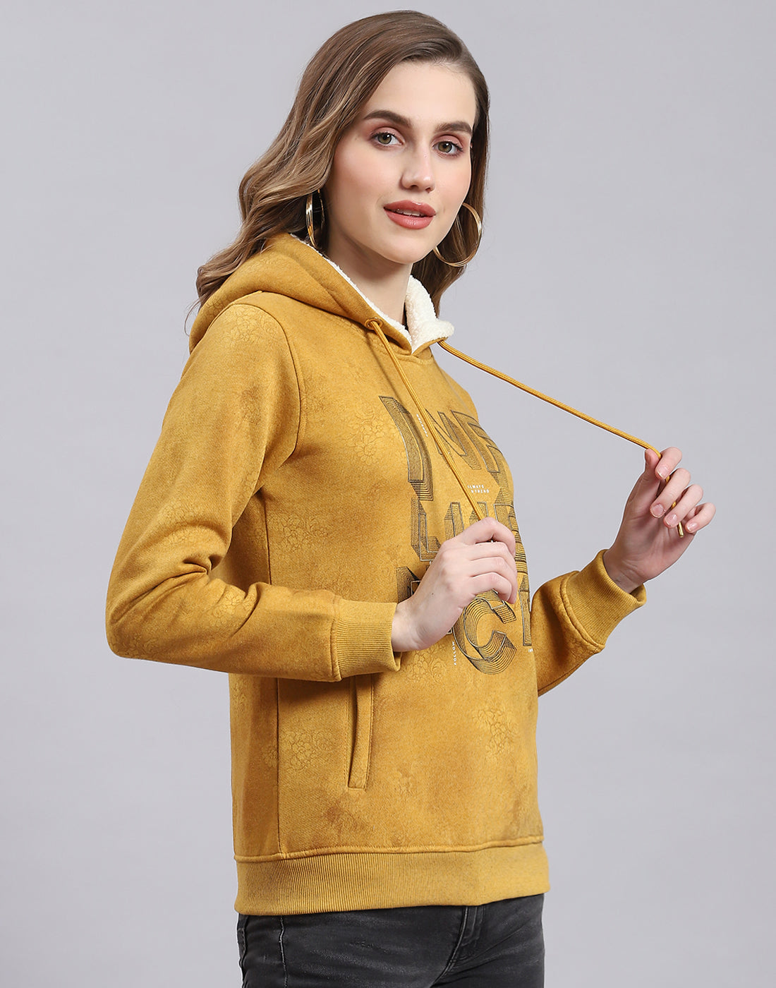 Women Mustard Printed Hooded Full Sleeve Sweatshirt