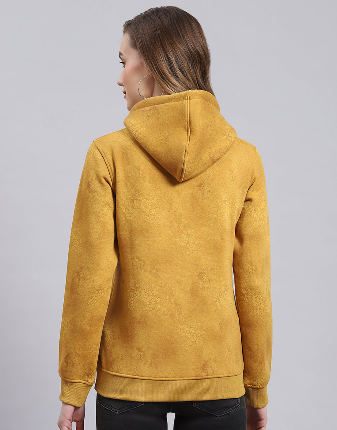 Women Mustard Printed Hooded Full Sleeve Sweatshirt