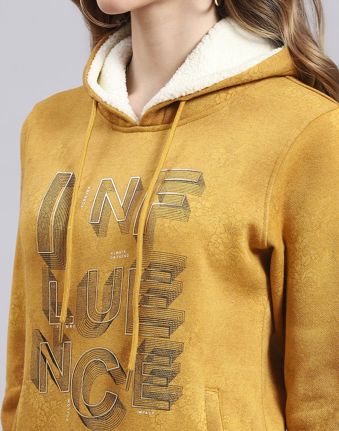 Women Mustard Printed Hooded Full Sleeve Sweatshirt