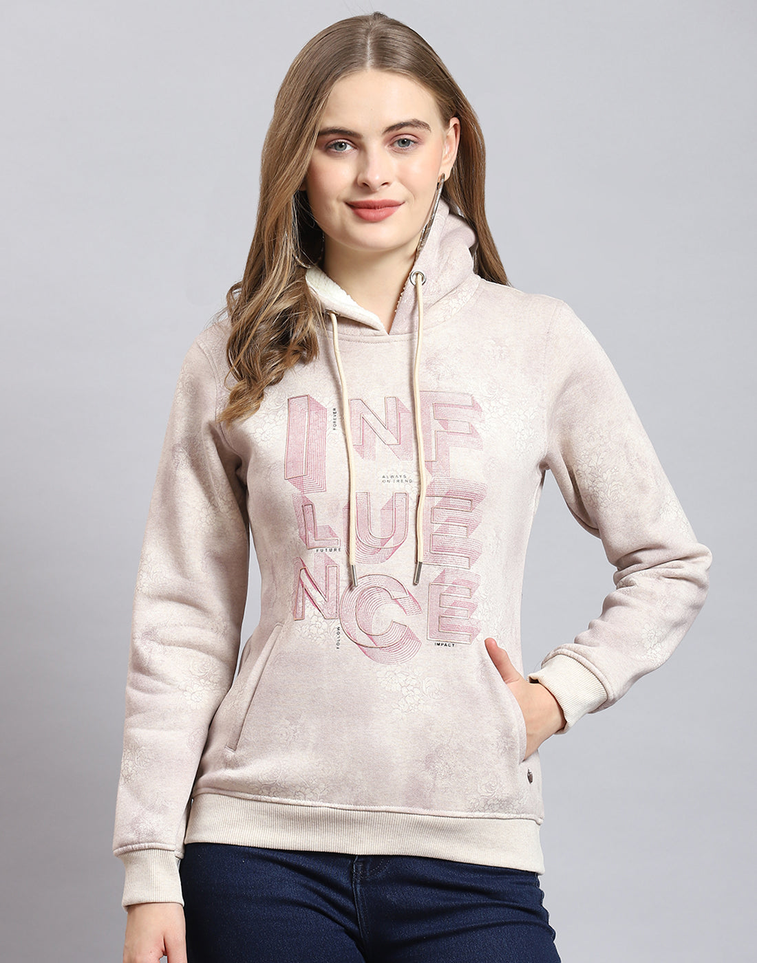 Women Pink Printed Hooded Full Sleeve Sweatshirt