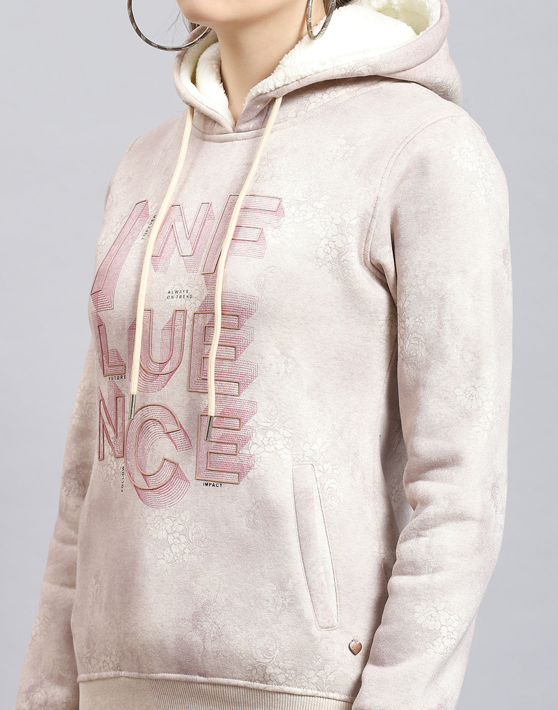 Women Pink Printed Hooded Full Sleeve Sweatshirt