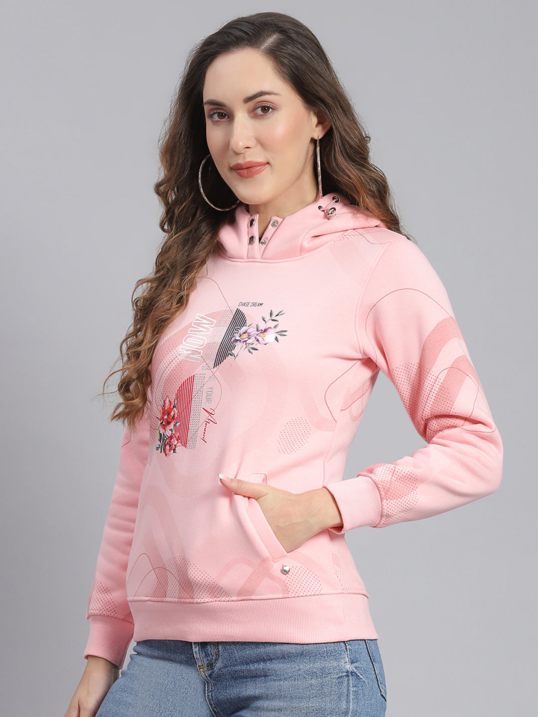 Women Pink Printed Hooded Full Sleeve Sweatshirts