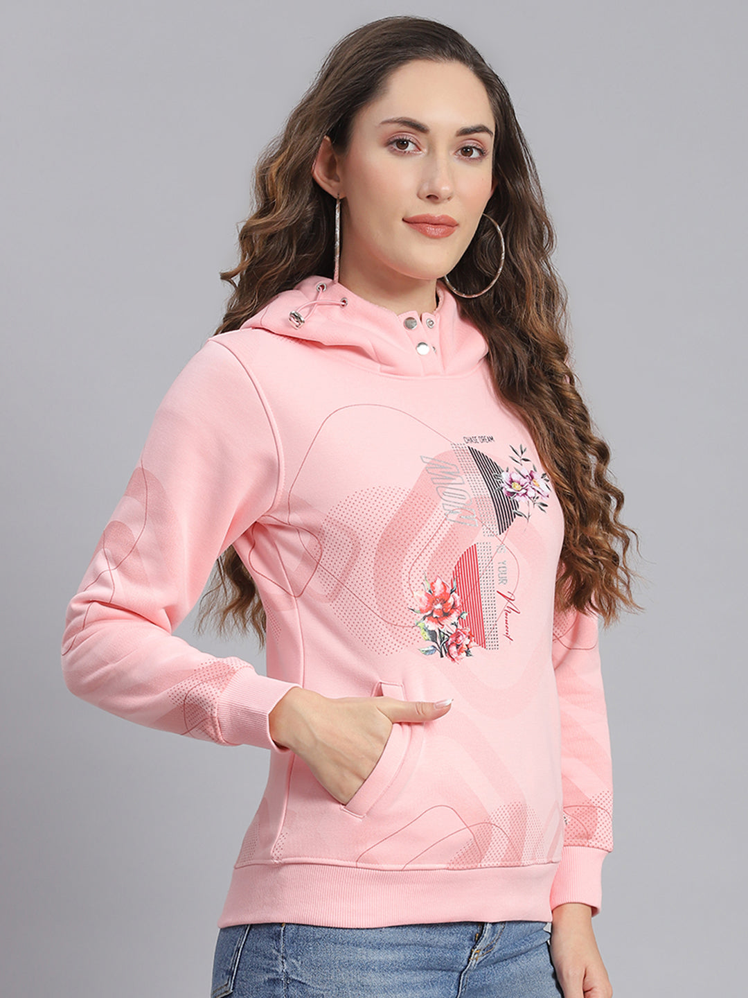 Women Pink Printed Hooded Full Sleeve Sweatshirts