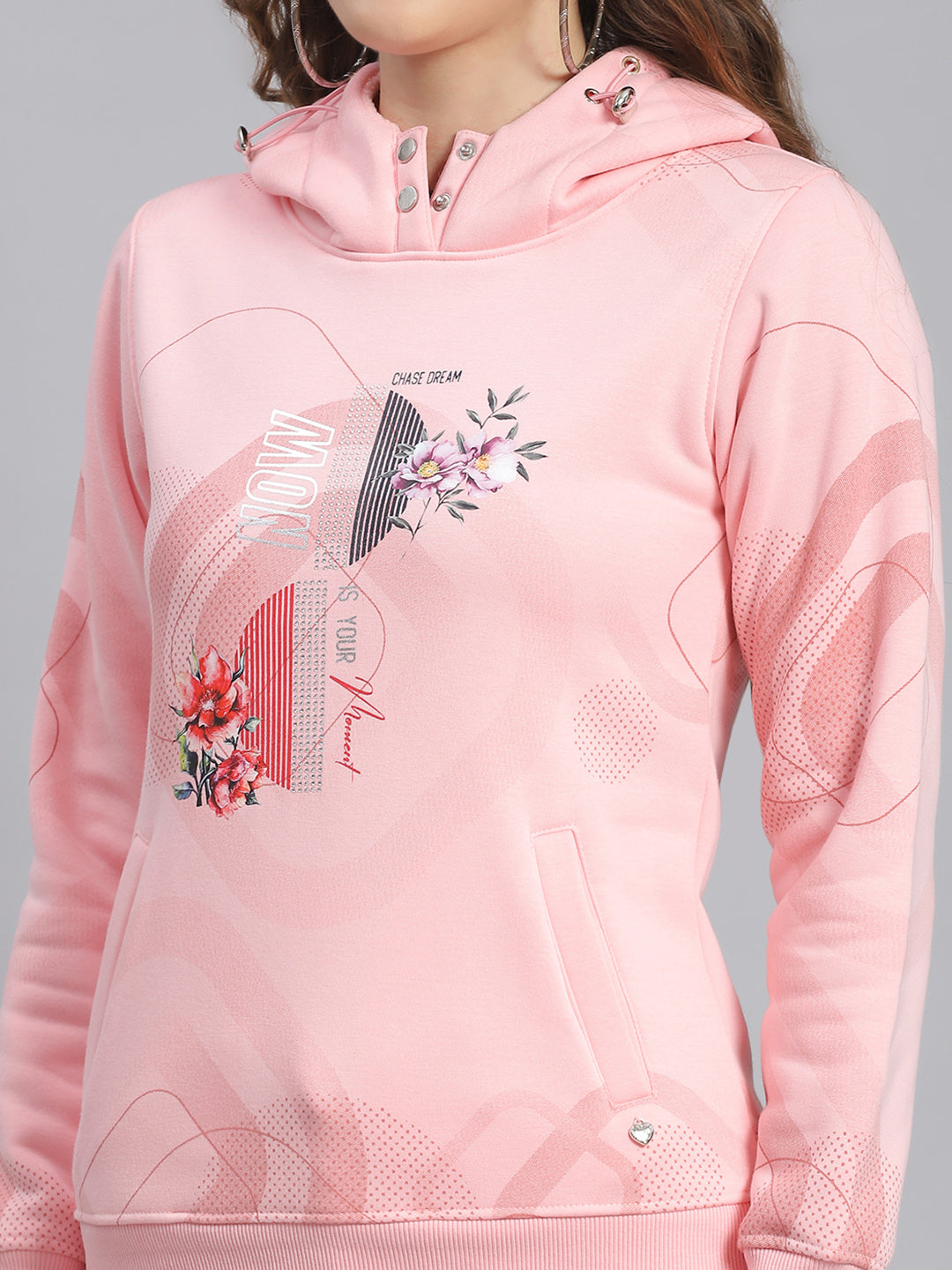 Women Pink Printed Hooded Full Sleeve Sweatshirts