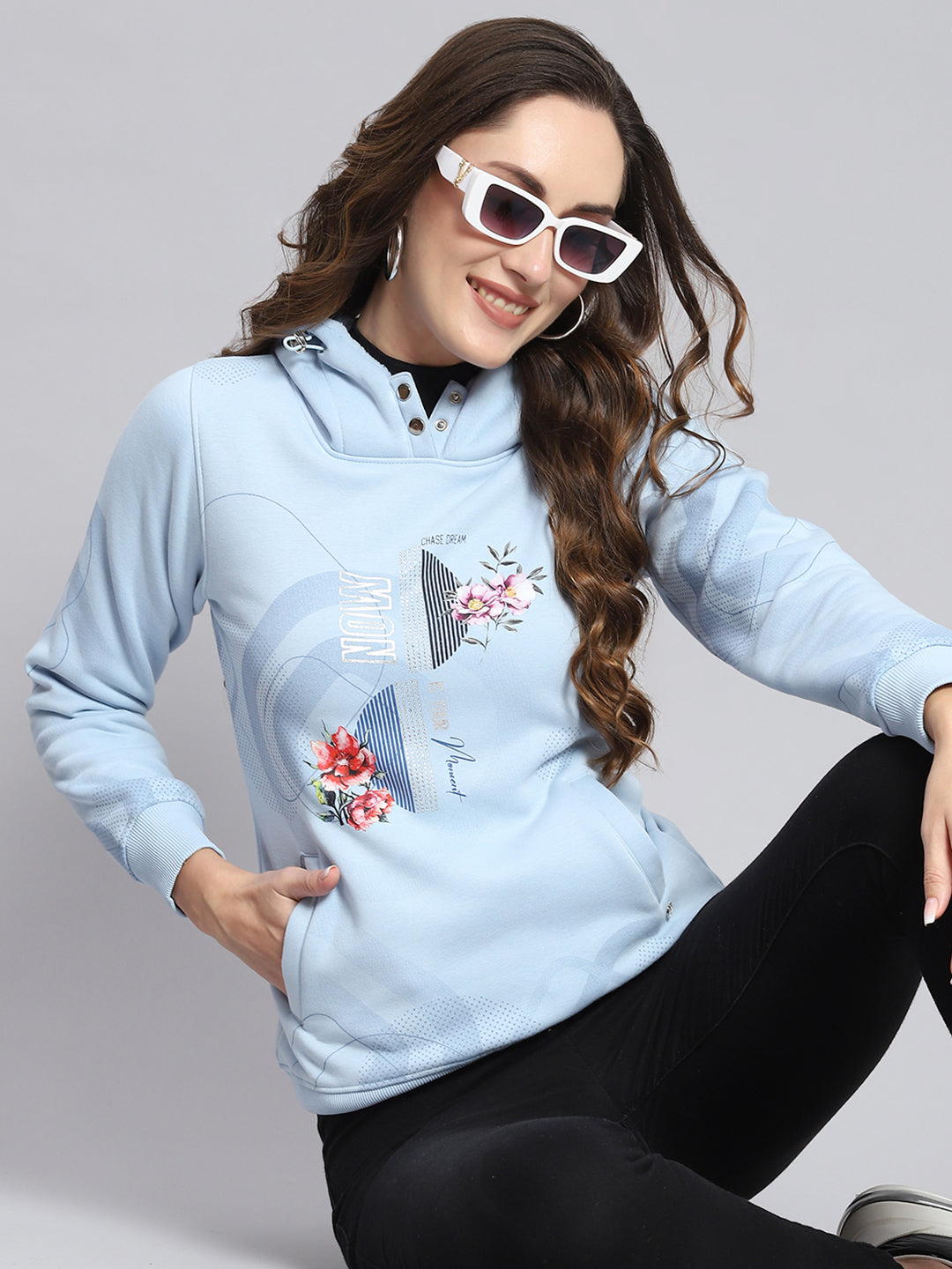 Women Blue Printed Hooded Full Sleeve Sweatshirts