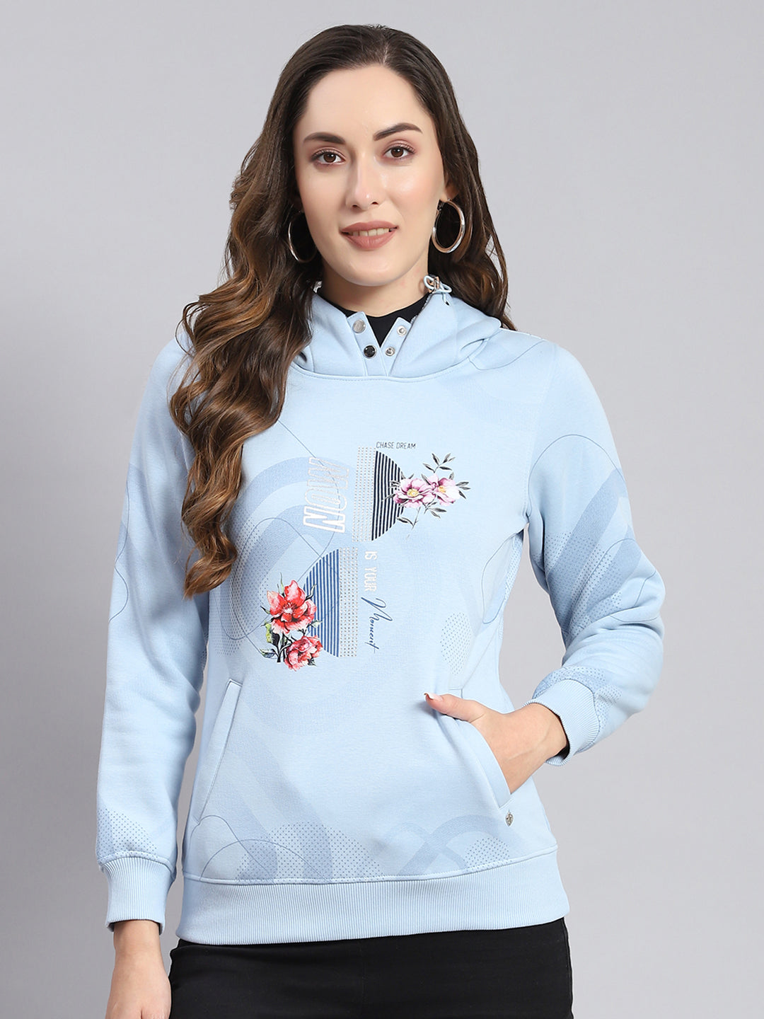 Women Blue Printed Hooded Full Sleeve Sweatshirts